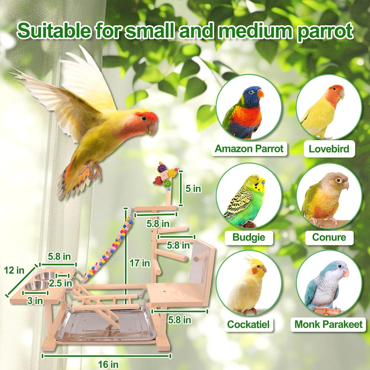 Wooden Bird Parrots Playground, Bird Perch Stand, with Bird Ladder Chewing Toys, Out of Cage Accessories