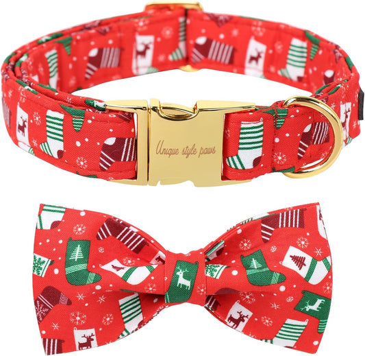 Unique Style Paws Christmas Day Dog Collar with Bow Christmas Tree Cotton Puppy Collars for Small Medium Large Dogs
