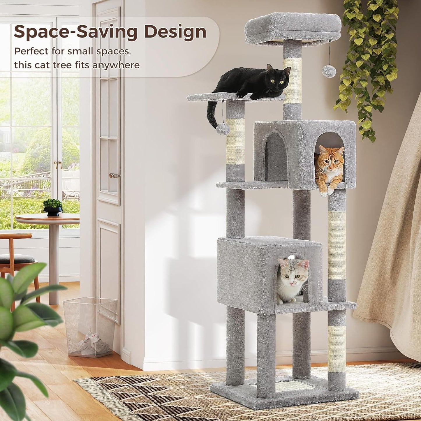 Cat Tree for Indoor Cats, 62-Inch Multi-Level Cat Tower with Scratching Posts for Large Cats, 2 Bigger Plush Condos, Padded Platform, Soft Cat Bed and Scratching Pad, 2 Pompoms, Gray