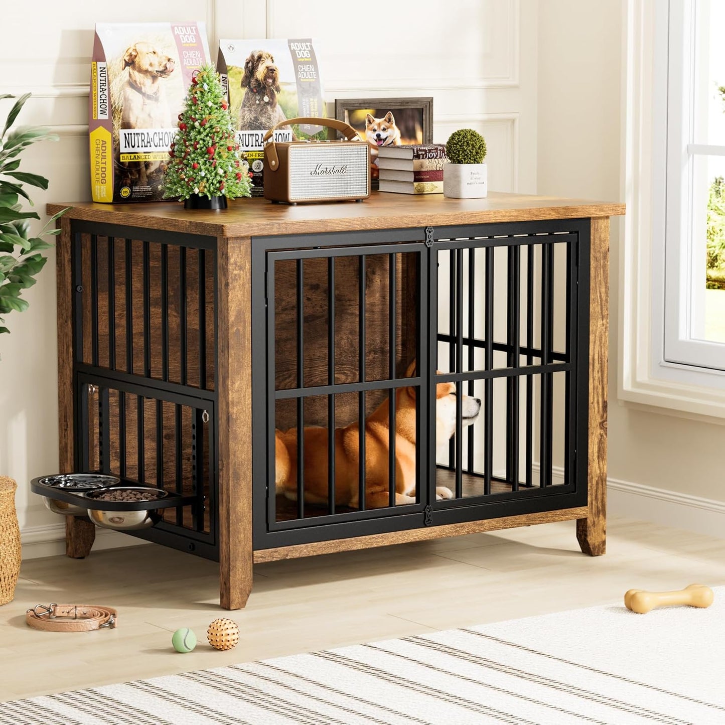 Lulive Dog Crate Furniture, Wooden Dog Kennel Indoor with Adjustable 360°& Height Dog Bowls, Double Doors Furniture Dog Crates End Table for Small/Medium 31.5" L*22.5" W*25.6" H, Brown