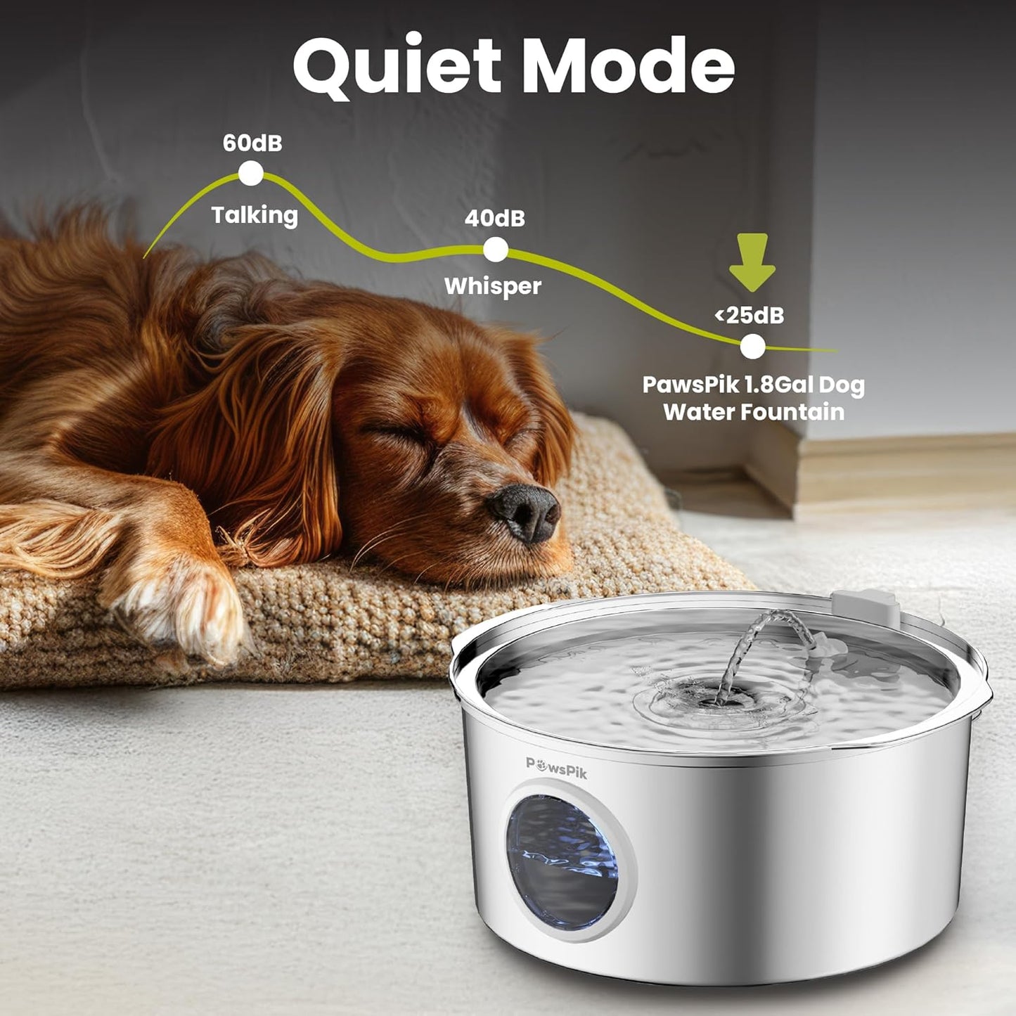 Ultra-Quiet Stainless Steel Dog Water Fountain, 1.8-gal
