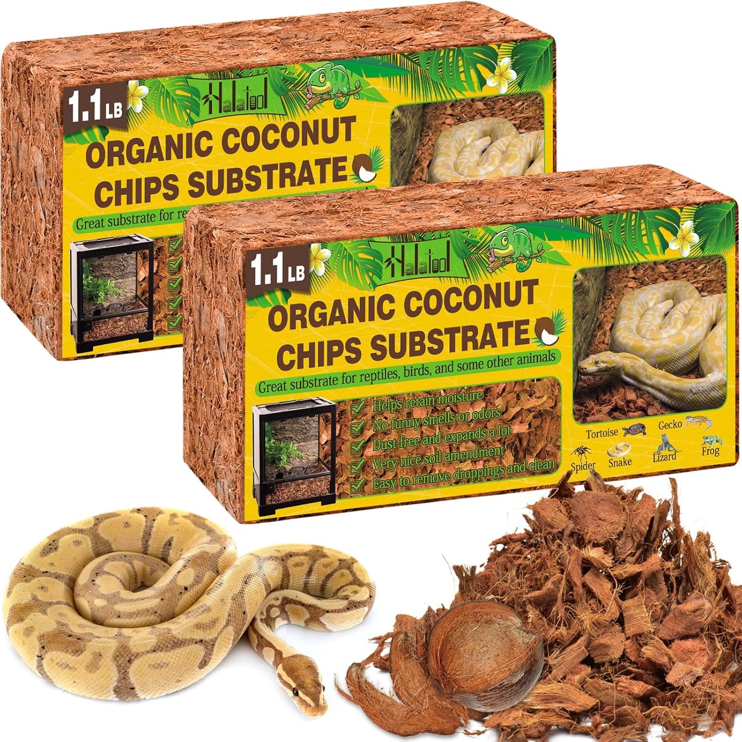 Halatool 2Pack Snake Bedding Natural Coconut Chips Substrate 2.2LB Coconut Husk for Reptiles Tank Terrarium Substrate for Ball Python Frog Gecko Hermit Crab Tortoise