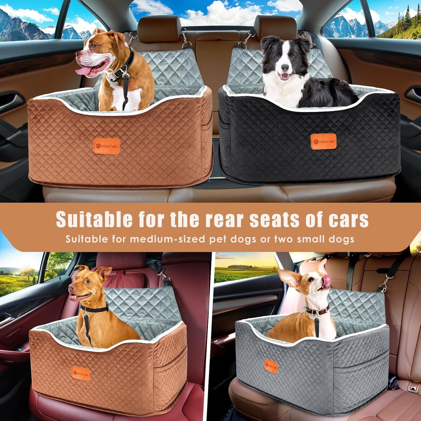 Memory Foam Booster Dog Car Seat for Medium Dogs Under 45 LBS, Elevated Pet Car Seat with Detachable Washable Cover, Anti-Slip Sturdy Dog Booster Seat with Seat Belt for Back Seat Travel