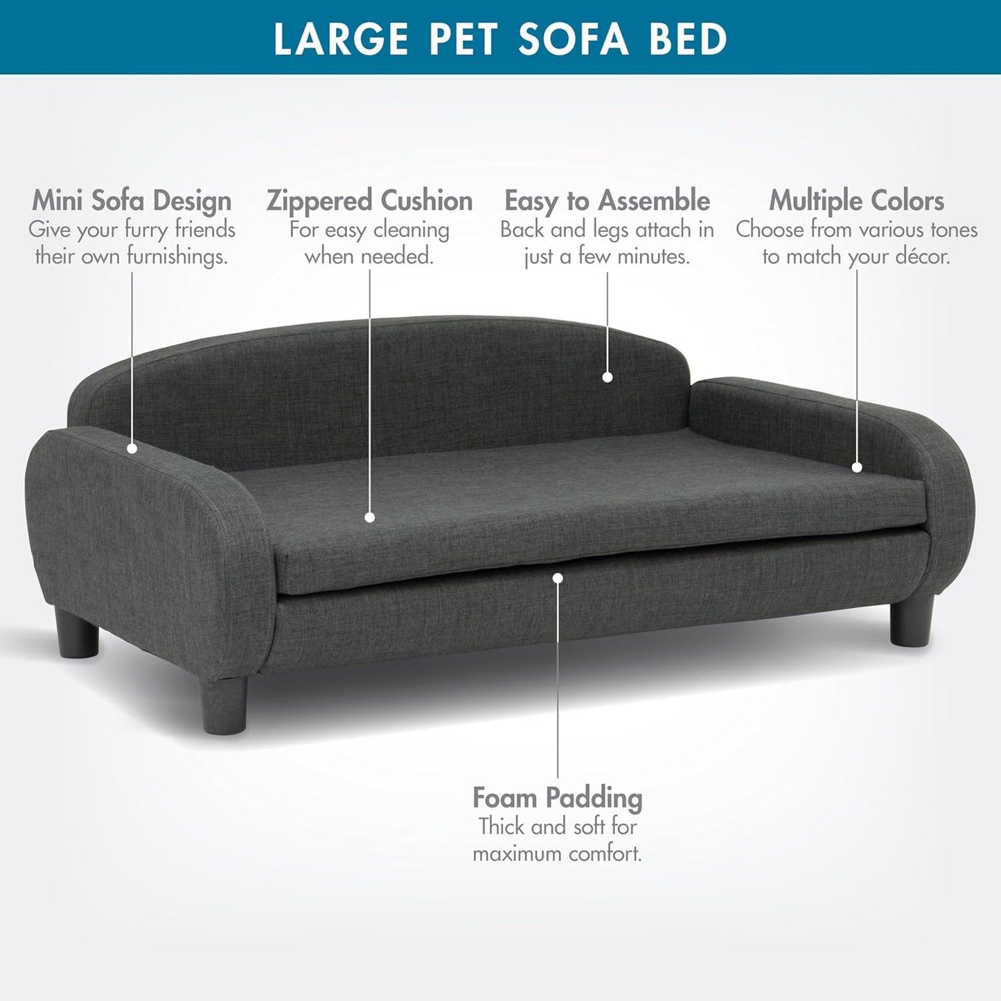 Paws & Purrs Multi-Cat Sofa Bed – 41.5″ Wide Elevated Pet Couch with 3″ Foam Mattress, Removable Machine-Washable Cover – Stylish Indoor Pet Furniture for Two or More Cats and Dogs, Gray