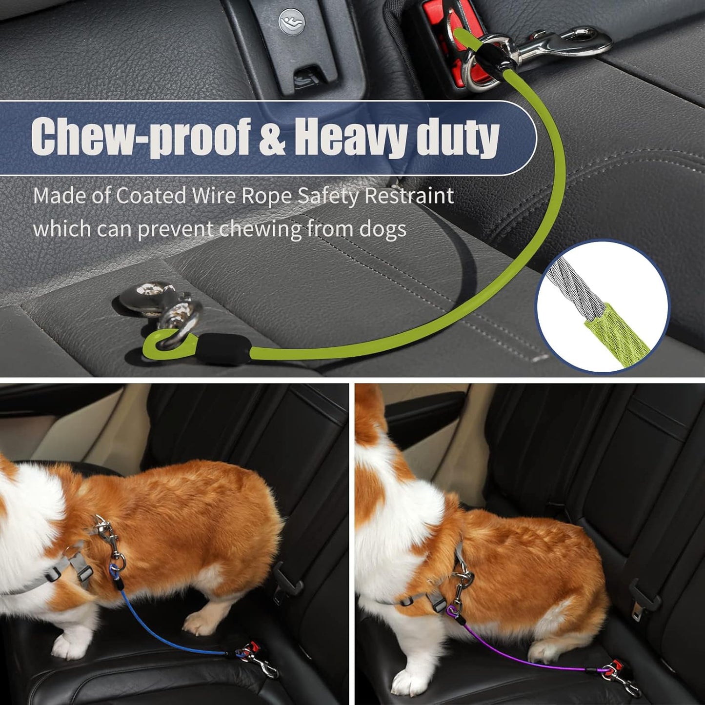 Dog Seat Belt Harness for Car,Dog Seatbelt of Coated Wire Leash Safety Restraint,No Chew Tether Cable Vehicle,Double Clips & Latch(Green, 16 inch/40 CM)