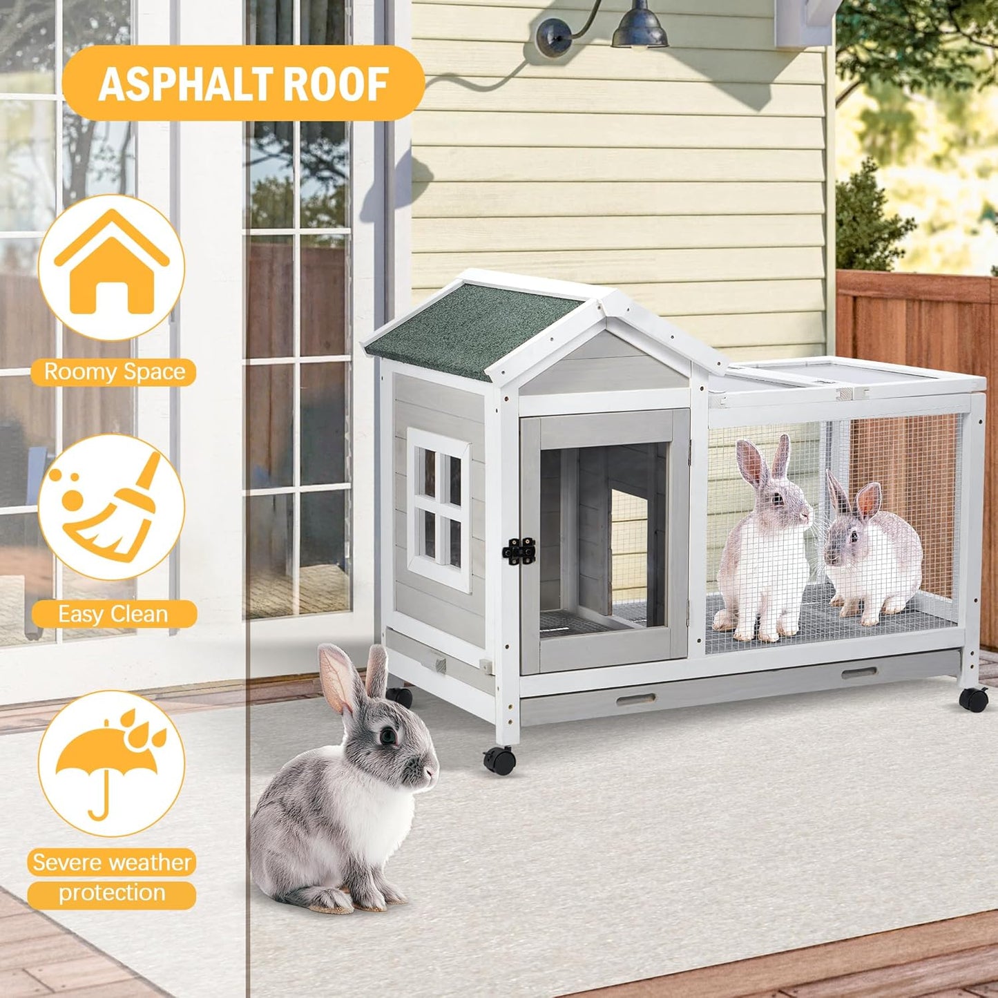 Wooden Rabbit Hutch with Waterproof Roof,Outdoor/Indoor Bunny Cage with Removable Slide-Out Bottom Tray, Chewproof Rabbit cage for Small-Medium Animals (Guinea Pigs, Hedgehogs)