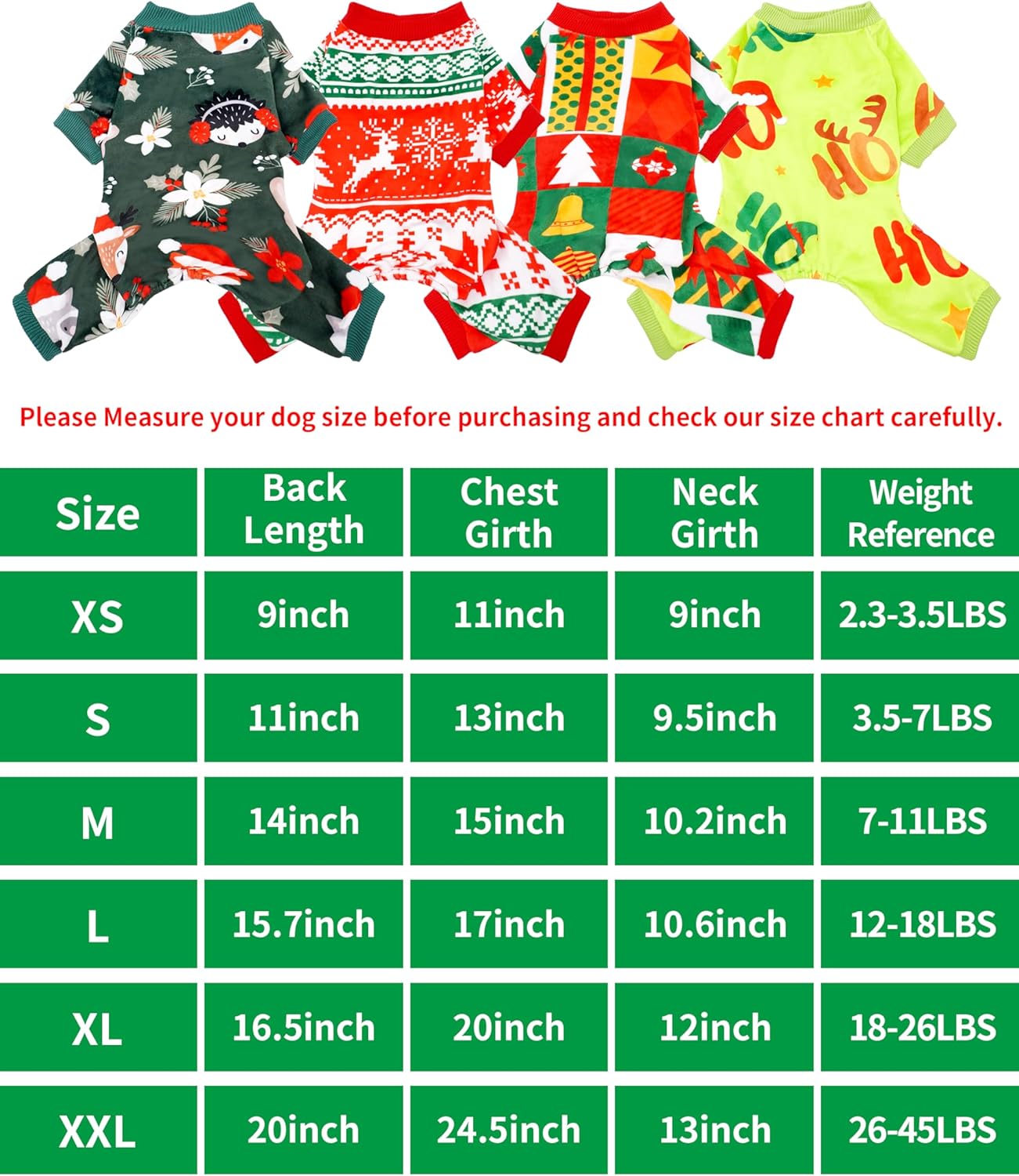 PET SHOW 4 Pack Christmas Dog Pajamas Holiday Dog Clothes for Small Medium Dogs Girl Boy Soft Stretchy PJs Xmas Jumpsuit Puppy Onesies Red Green Outfits with Sleeve Pets Dachshund Costume XXL