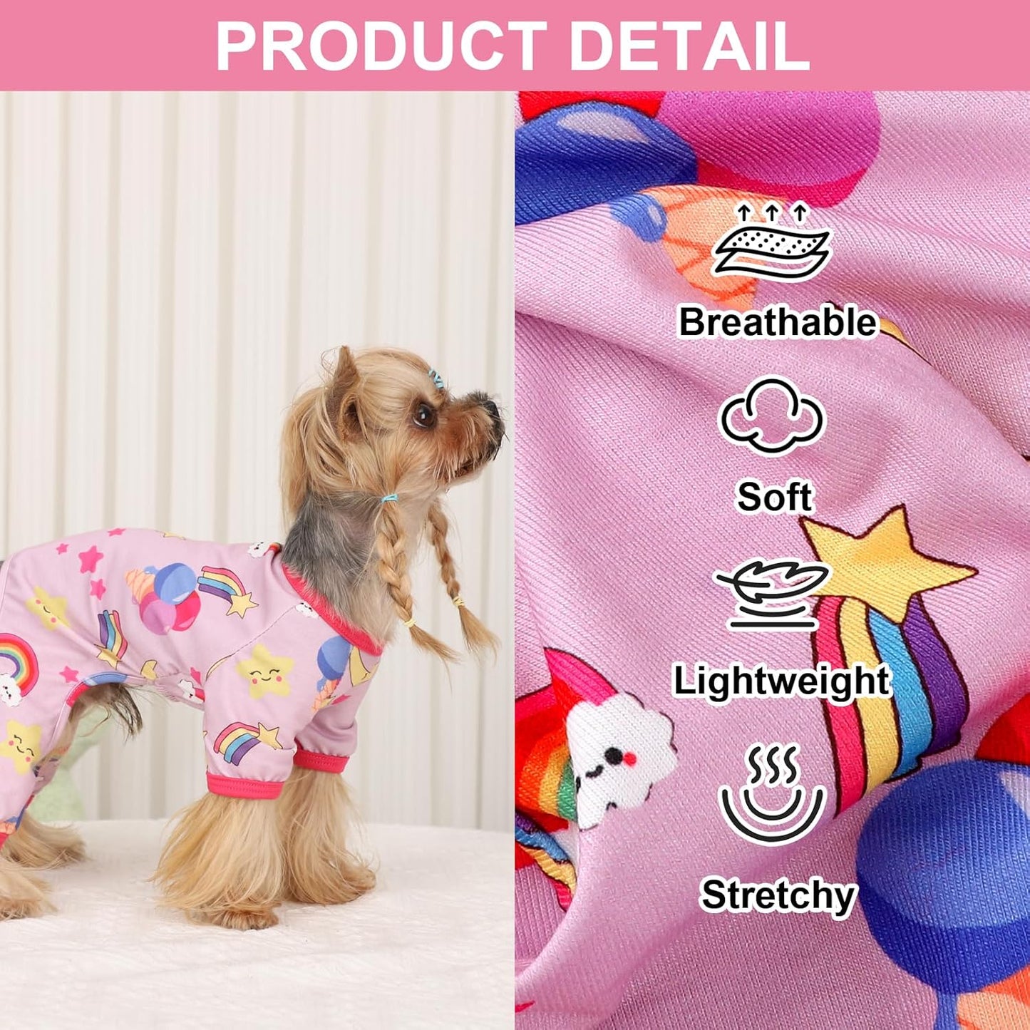 PinkBow Dog Pajamas Pjs Spring Summer Dog Clothes for Small Dogs Girl - Soft Stretchy Puppy Clothes Doggie Onesies Cat Pet Jammies Outfit (Rainbow Pink, X-Small)