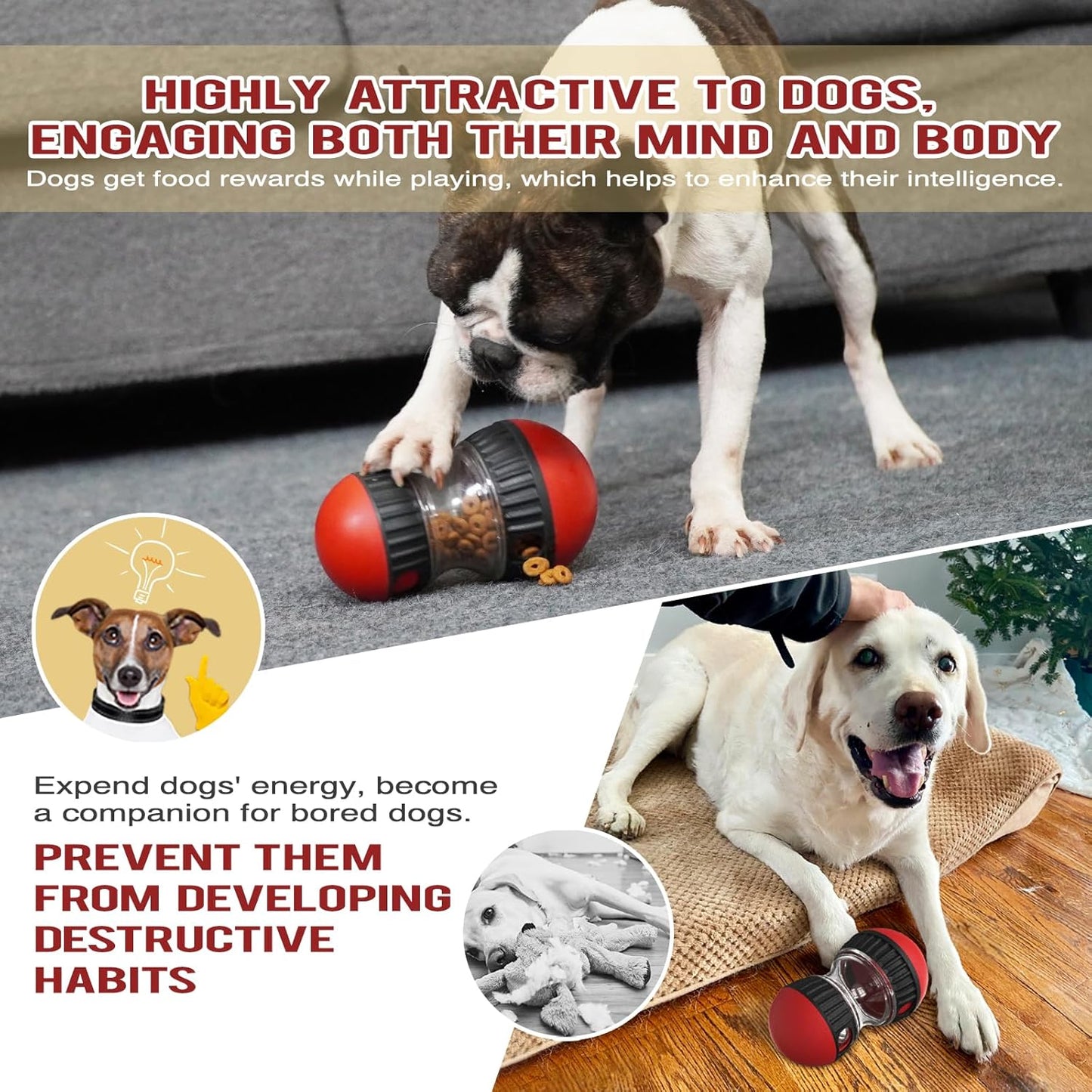 Dog Food Puzzle Toy Adjustable Treat Dispensing Food Dispenser Slow Feeder Bowls Puppy Enrichment Toy Ball Dog Interactive Chase Training Toys for Small Medium Large Dogs