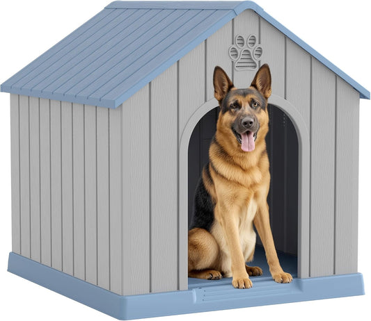 Large Dog House Outdoor Indoor for Medium Large Dogs, Durable Plastic Waterproof Doghouse with Air Vents and Elevated Floor, Easy Clean and Assemble (Blue, 36.2''L×38''W×38''H)