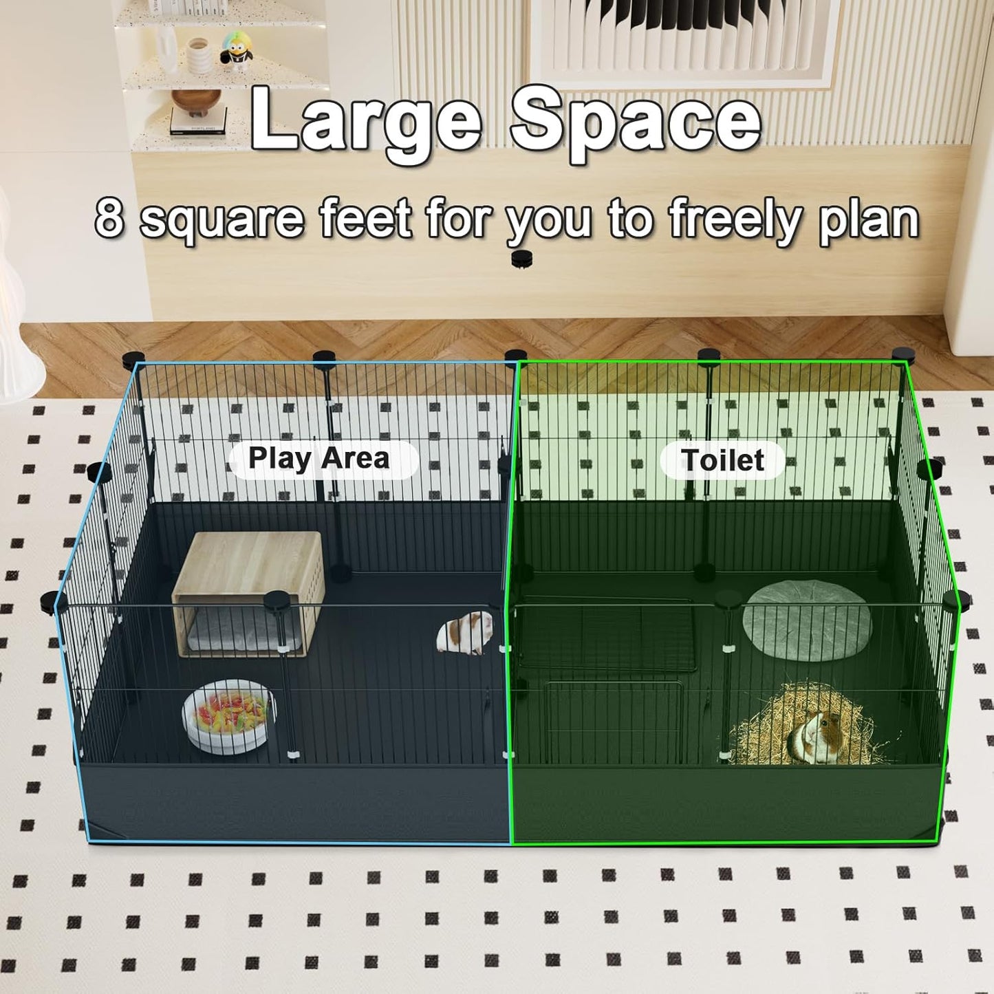 Tresbro Guinea Pig Playpen with 14 Panels & Divided Room, Triple Fixing Measures Small Animal Cage with Waterproof PVC Liner & One-Motion Hooks, Rabbit, Bunny, C&C Grids Cage 48 x 24 x 16 Inches