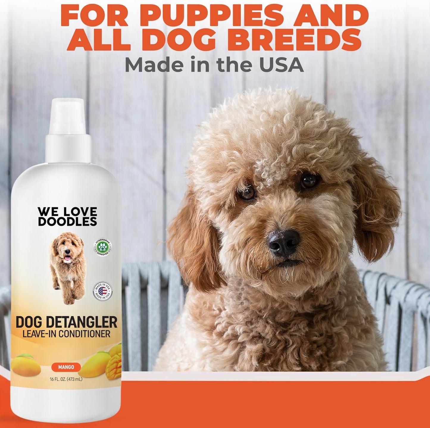 We Love Doodles Dog Detangler Spray - Leave-in Conditioner for Dogs - Dog Detangling Spray - Dematting Spray for Dogs - Tangle Remover - Made in The USA - Large 16 fl oz (Mango)