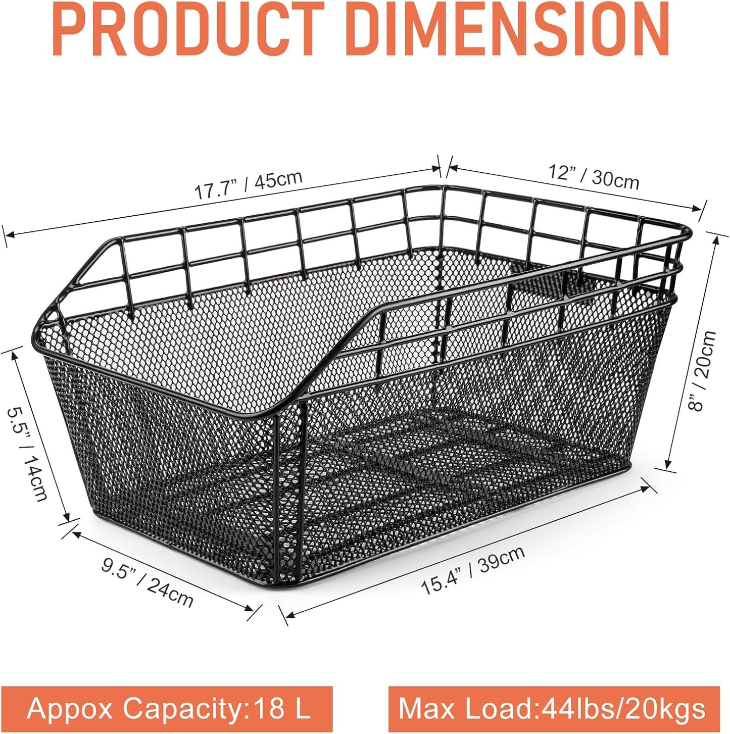 Rear Bike Basket - Large Bicycle Rear Basket with Cargo Net and Waterproof Cover, Wire Bike Baskets Rear Large Capacity (NO Bike Rack Include)