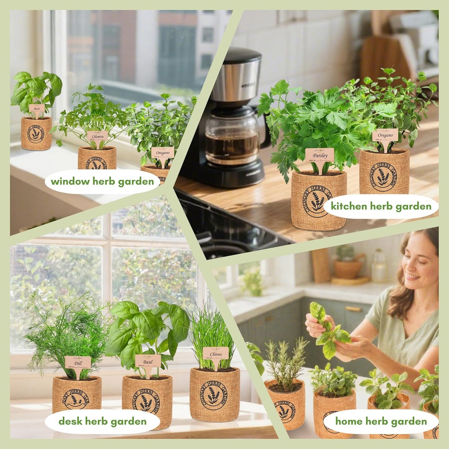 10 Indoor Herb Garden Kit- Burlap Pots, Organic Seeds, Herb Garden Planter Indoor Kit, Easy Window & Kitchen Herbs Growing Kit, Cilantro, Basil, Sage, Oregano, Parsley, Dill, Chives etc.