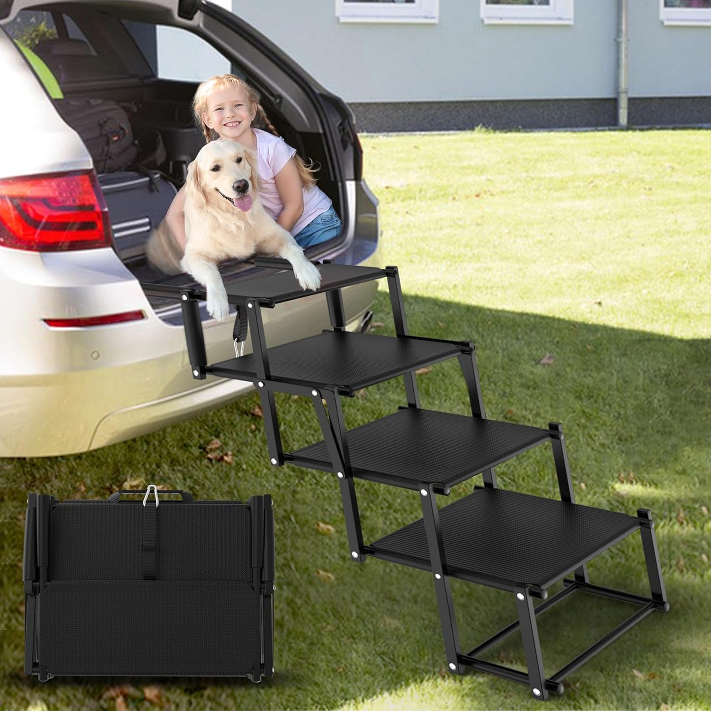 Extra Wide Dog Stairs for Large Dogs, Foldable Dog Ramp for Car with Non-Slip Surface, Lightweight Dog Stairs for Cars, Dog Steps for Cars, SUV, High Beds, Truck, Supports up to 250 lbs, 4 Steps