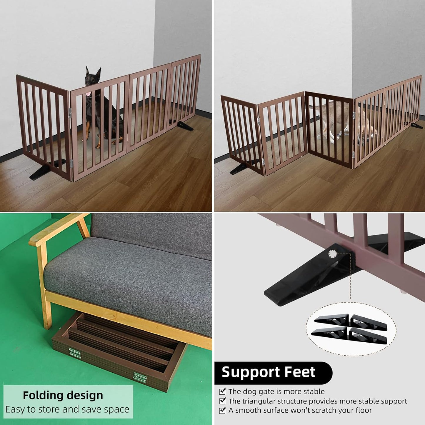 ZJSF Freestanding Indoor Dog Gate for House Foldable Wood Puppy Gate for Doorways Pet Gate for Stairs Extra Wide Pet Fence, Brown, 24" Height 4 Panels