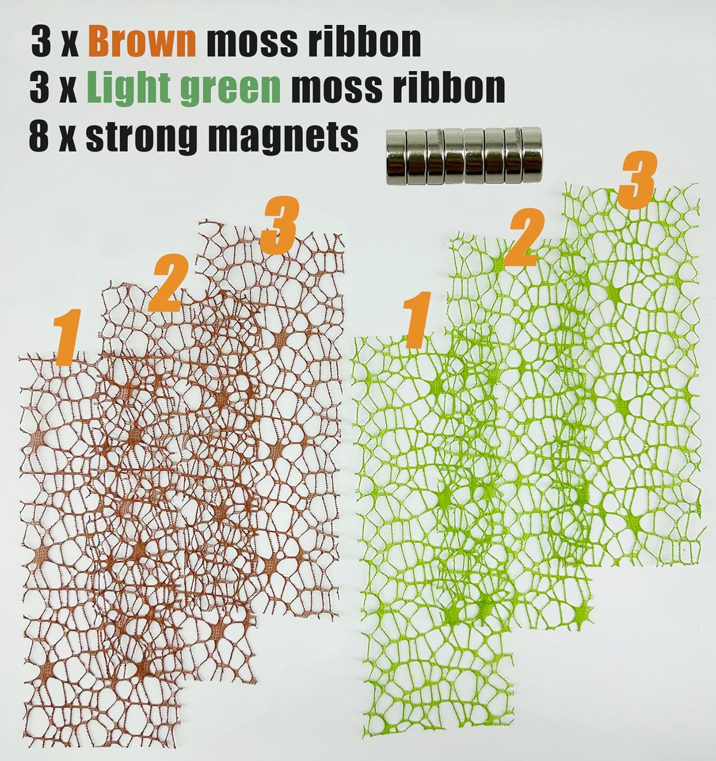 6 PCS Jumping Spider Habitat Accessories-Jumping Spider Webbed Moss Ribbon with Magnets for Spoods Jumping Spider Enclosure Spoods Climbing (3pcs Green + 3pcs Brown)