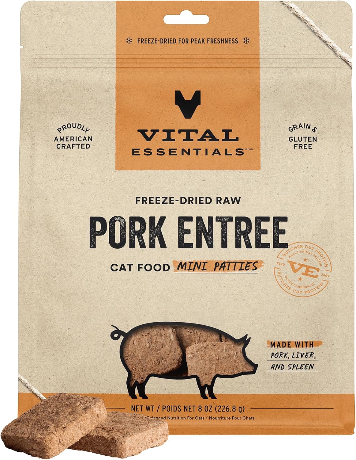 Vital Essentials Freeze Dried Cat Food, Raw Pork Mini Patties Entree 8 oz