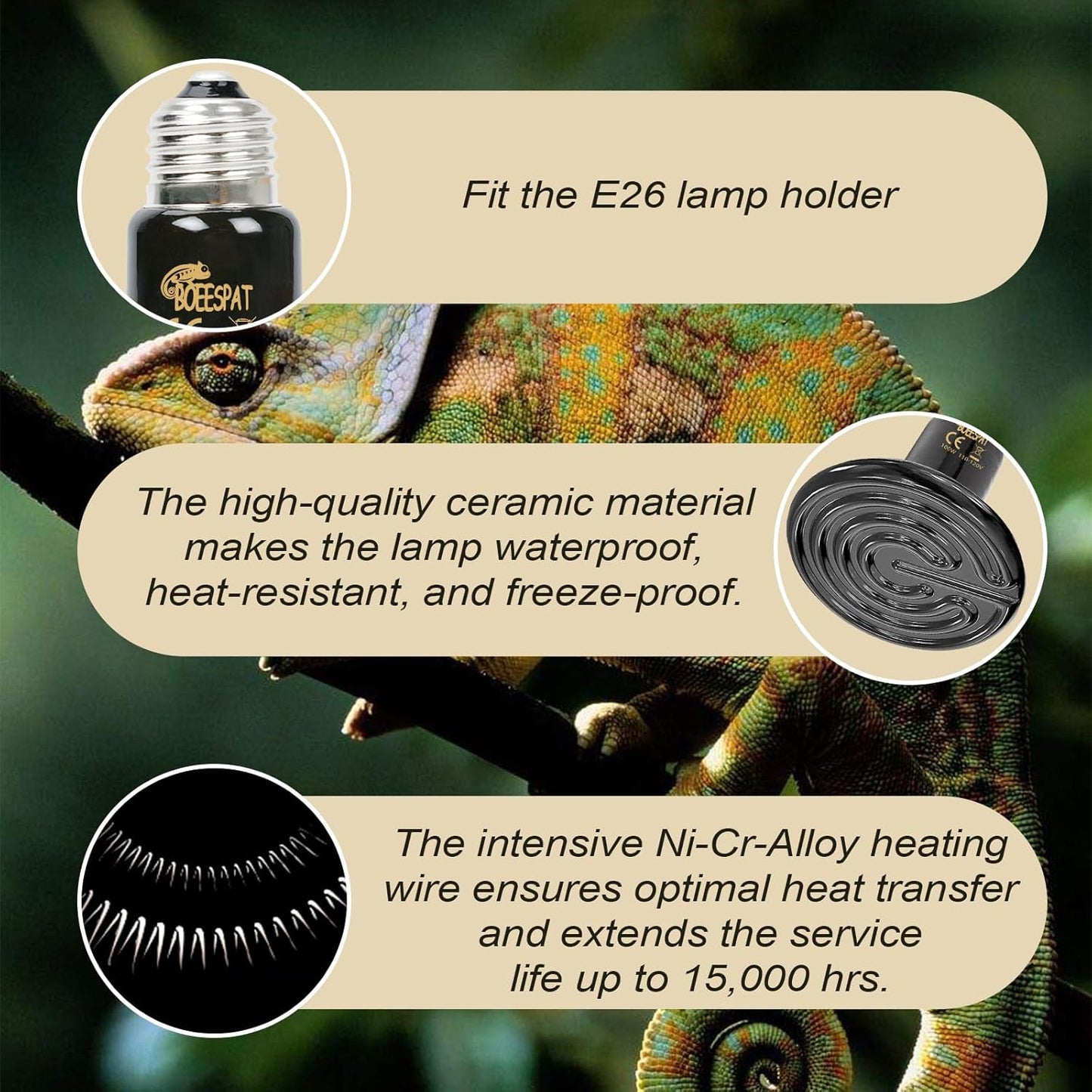 Energy Efficient 75W Reptile Heat Bulbs, Pack of 3 Ceramic Heat Emitters for Geckos, Turtle, Snake, Bearded Dragon, Lizards, Iguana, Reptile & Amphibians