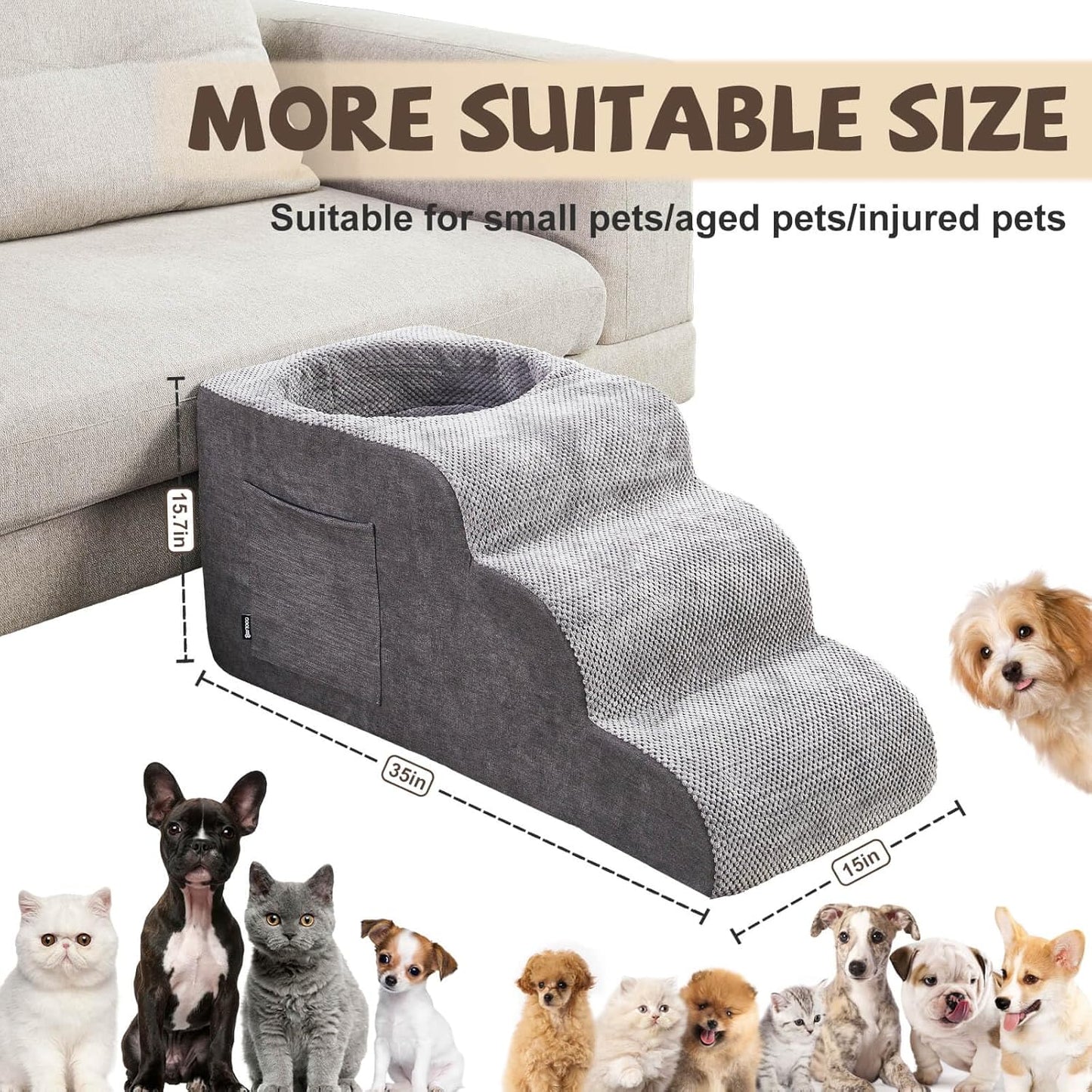 Dog Stairs, Dog Stairs for Small Dogs, 3-Step Pet Stairs, Dog Steps for Bed, Dog ramp, pet Stairs for high beds, Old Dog pet Steps, Non-Slip Pet Step Indoor, Grey