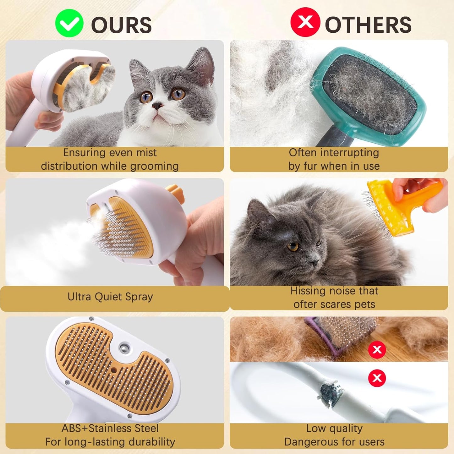 Pet Steam Brush for Dogs and Cats - 4-in-1 Spray Detangling Comb - Steam Detangling and Grooming - Water Brush for Long and Short Haired Pets - Includes Waterless Shampoo and Comb