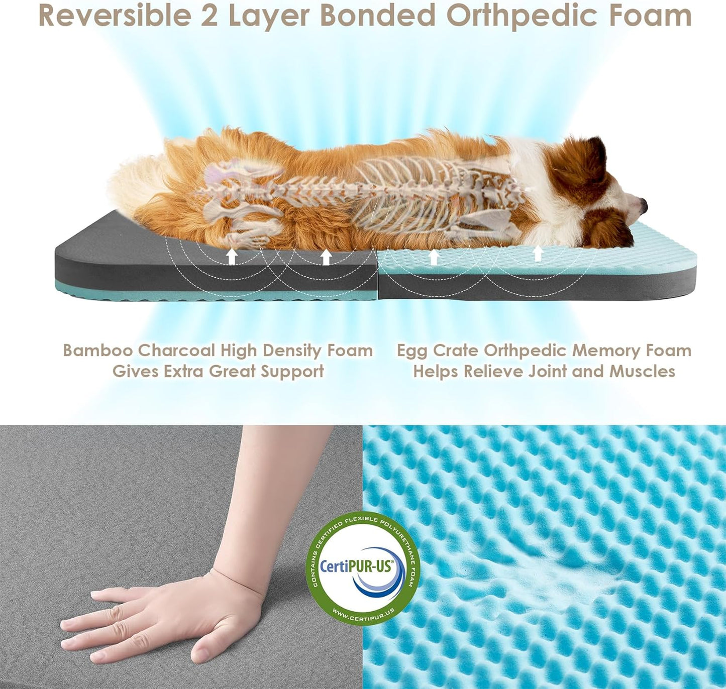 EHEYCIGA Foldable XL Dog Bed, Faux Fur Fluffy Pet Couch Bed for Large Dogs, Orthopedic Calming Memory Foam Big Pet Bed, Washable Soft Pet Sofa Bed with Non-Slip Bottom, Camel, 46"x34"x6.5"