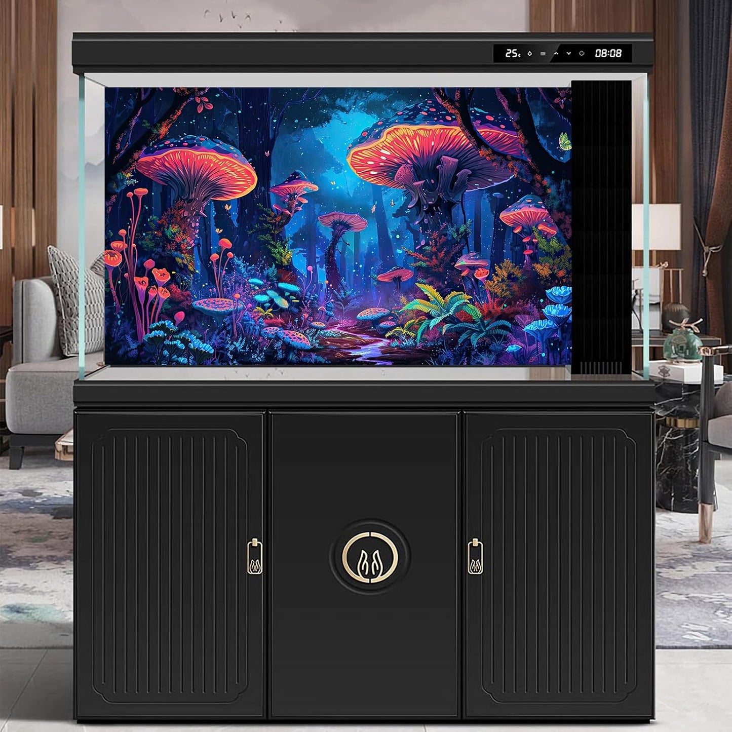 Mushrooms Aquarium Background Fantasy Bright Flowers Butterflies Fish Tank Backdrop Decoration Poster Trippy Wonderland Landscape with Giant Mystical Mushrooms Terrarium Background Decor 36x18in