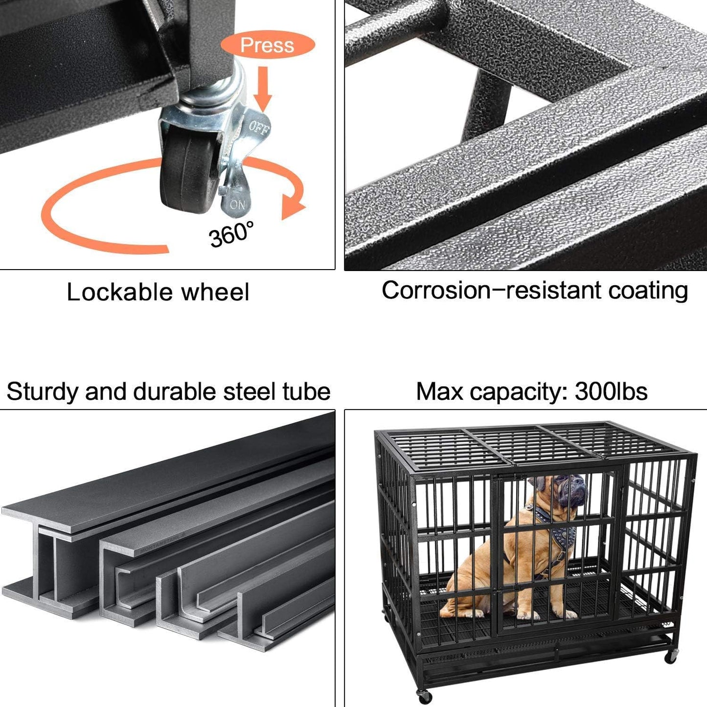 LEMBERI 42 inch Heavy Duty Indestructible Dog Crate, Escape Proof Dog Cage Kennel with Lockable Wheels,High Anxiety Double Door Dog Crate,Extra Large Crate Indoor for Large Dog with Removable Tray