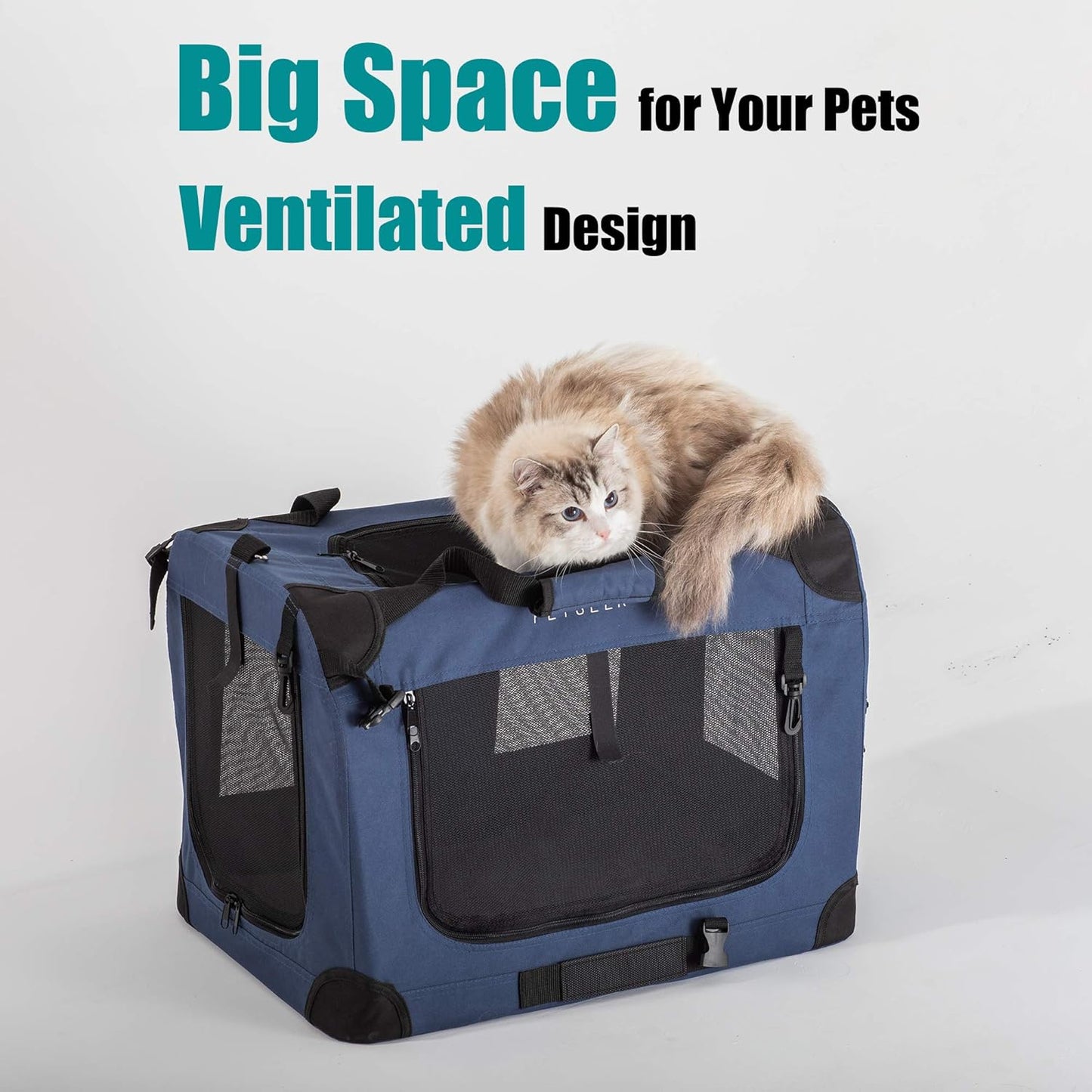Extra Large Cat Carrier Soft Sided, Portable Small Dog Carrier for 2 Cats, 24"x16.5"x16" Car Travel Folding Comfortable Design with Bowl, Blue