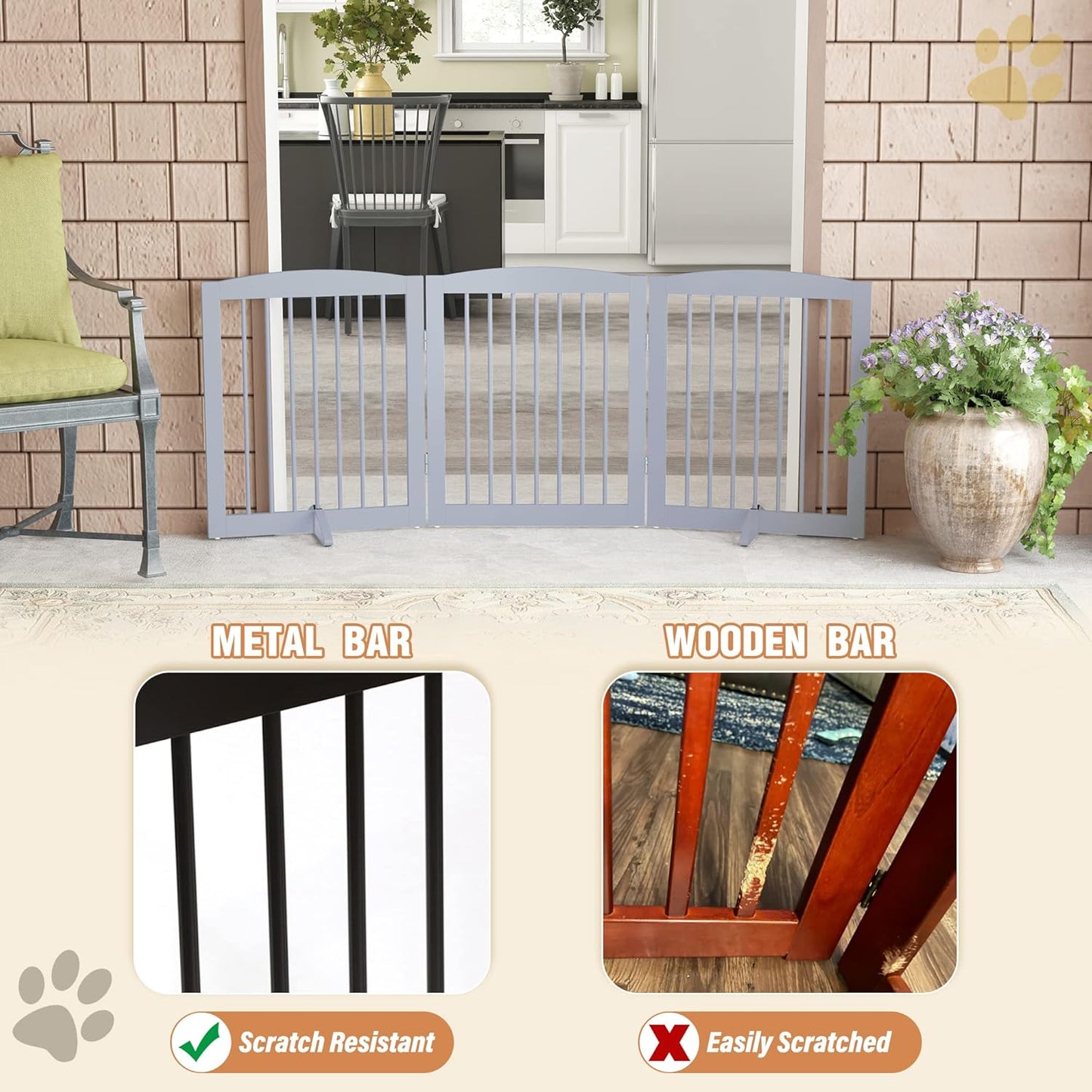 Freestanding Pet Gate for Dogs, Foldable Wooden Dog Gate for House, Indoor Dog Gate for Doorways, Stairs, Gates for Dogs Indoor, Support Feet Included, 24" Height 3 Panels, Grey