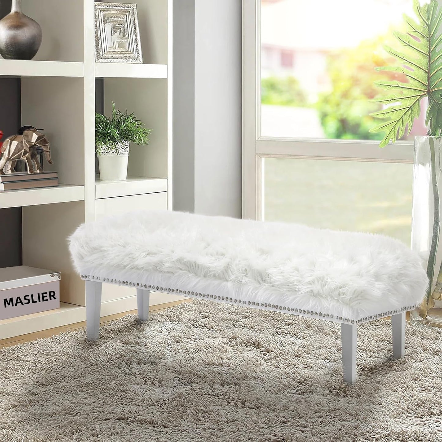 46 Inch White Bedroom Bench, Modern Multi-Purpose Bench with Wooden Legs, White Faux Fur Upholstered Bench for Bedroom, Living Room, or Entryway
