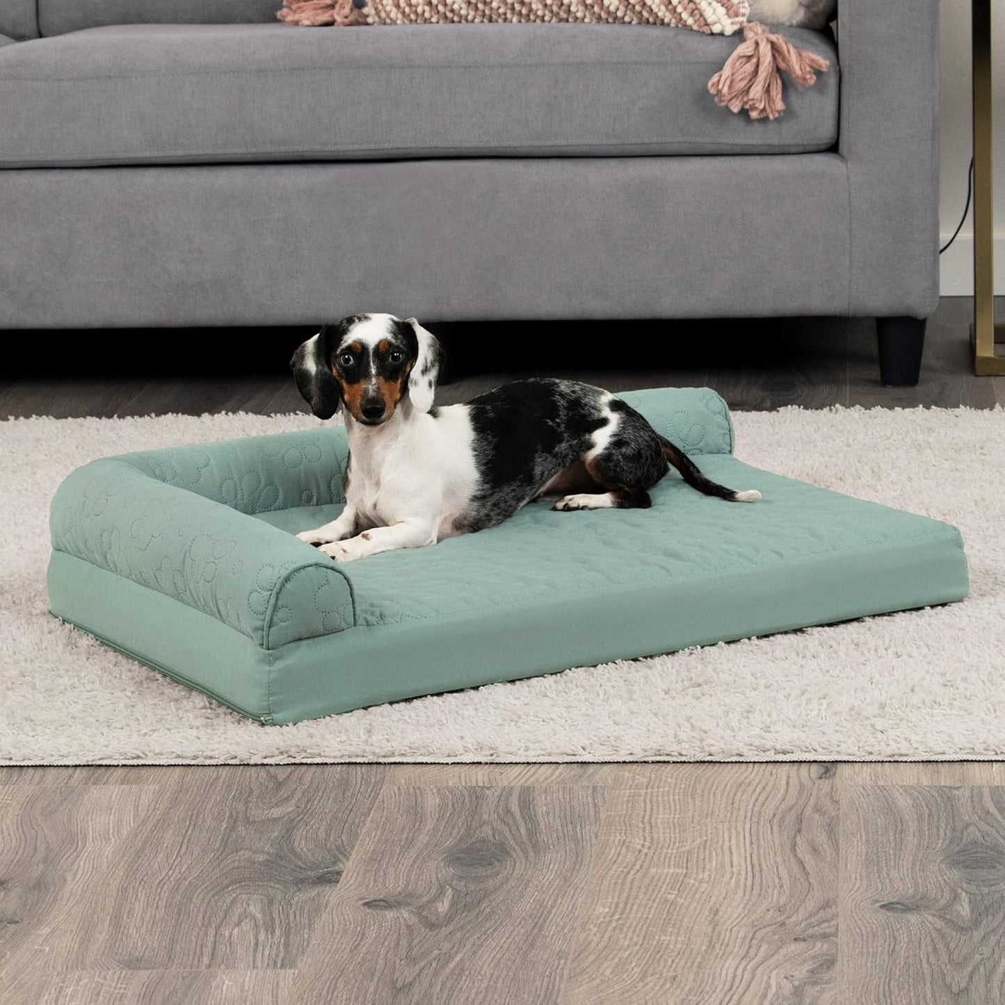 Furhaven Cooling Gel Dog Bed for Medium/Small Dogs w/ Removable Bolsters & Washable Cover, For Dogs Up to 35 lbs - Pinsonic Quilted Paw L Shaped Chaise - Iceberg Green, Medium