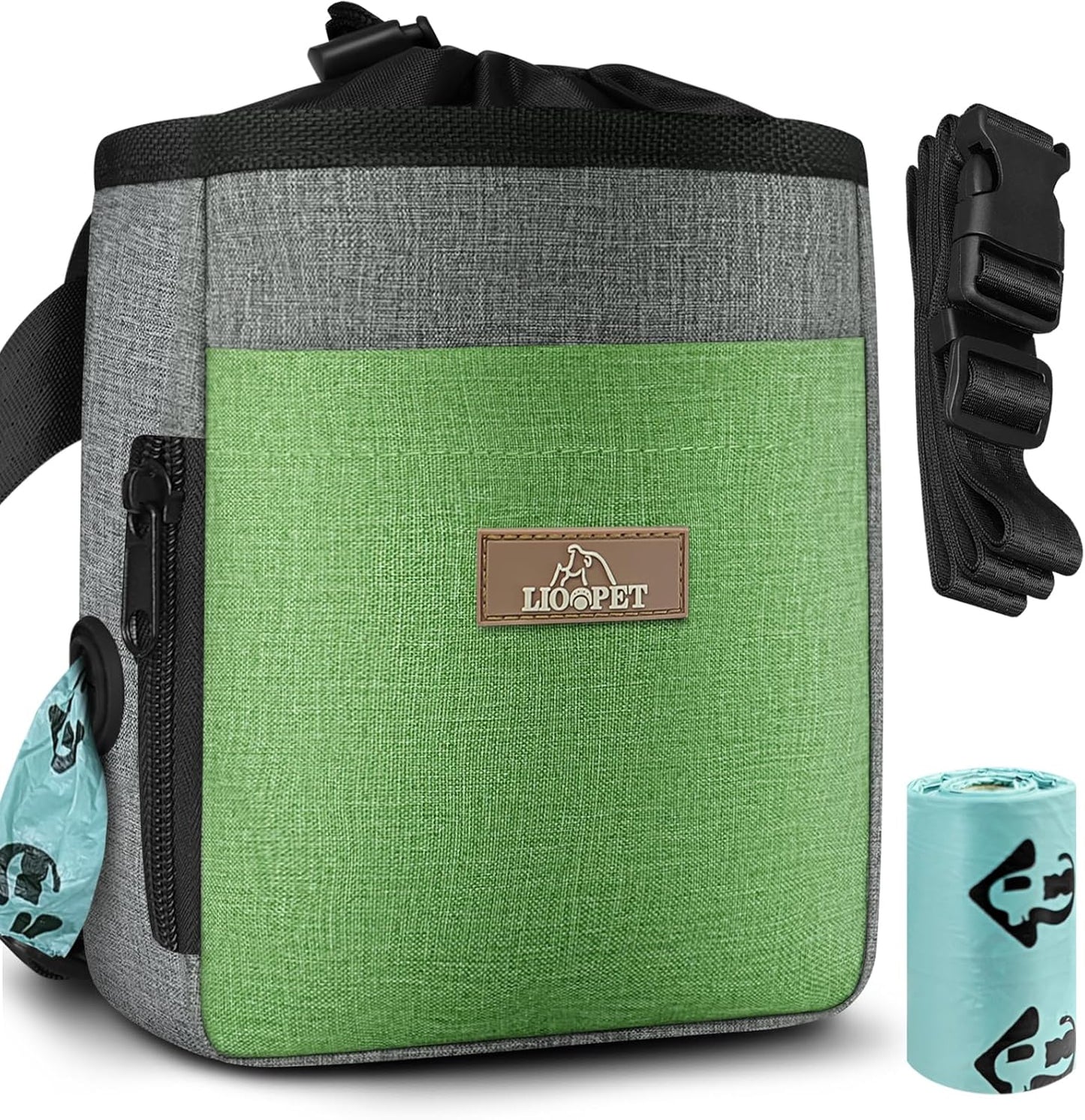 Upgraded large-sized Dog Treat Pouch with waist clip - Fashionable Green&Grey Design - Large Capacity Dog Treat Bag for Dog Walks,Outdoor Activities, Travel and Training - Includes 1 Poop Bags