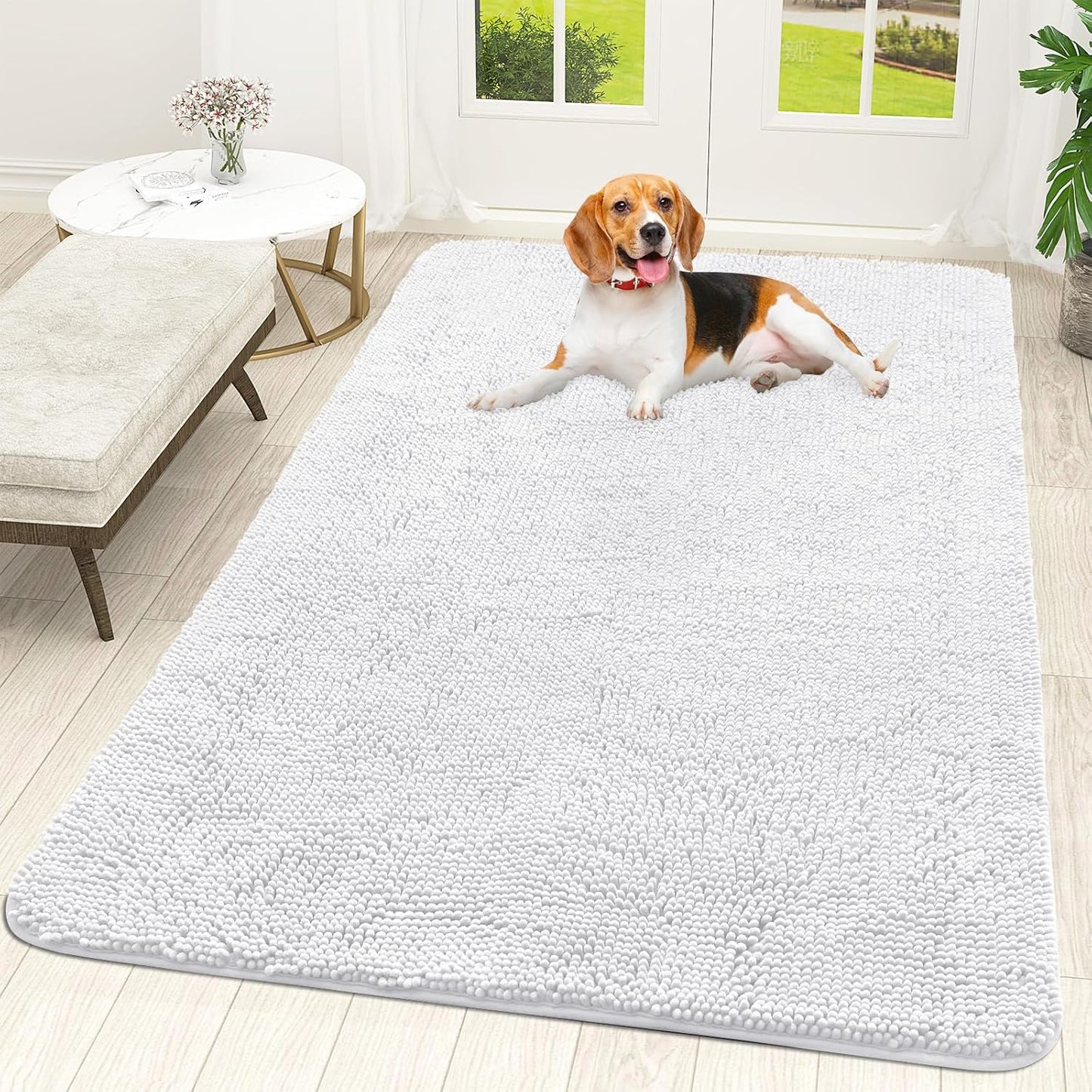 OLANLY Dog Door Mat for Muddy Paws 59x35, Absorbs Moisture and Dirt, Absorbent Non-Slip Washable Doormat, Quick Dry Chenille Mud Mat for Dogs, Entry Indoor Entryway Carpet for Inside Floor, White