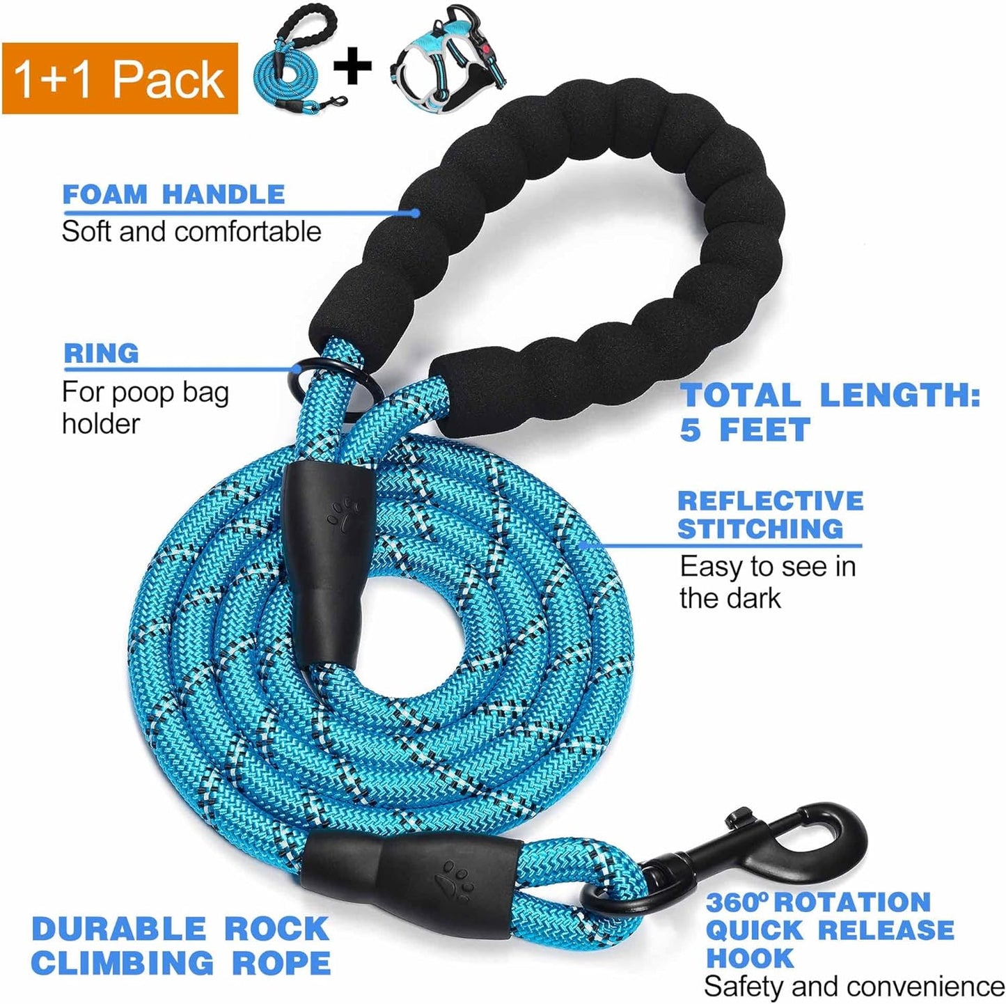 No Pull Dog Harness Adjustable Reflective Oxford Easy Control Medium Large Dog Harness with A Free Heavy Duty 5ft Dog Leash
