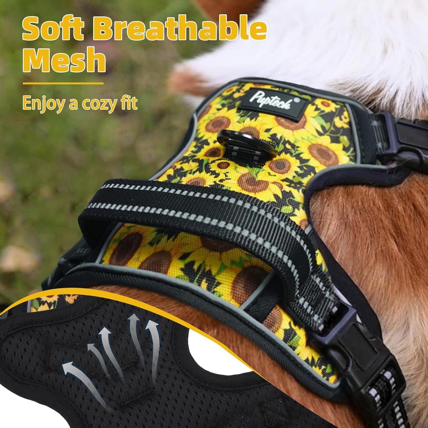 PUPTECK No Pull Dog Harness for Large, Adjustable Reflective Dog Harness with Handle Easy Control, Comfortable Soft Padded Pet Vest Harness for Extra Large Dogs, Sunflower XL