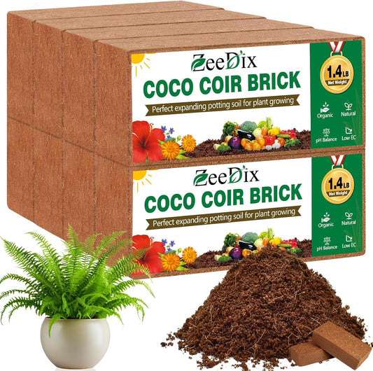 ZeeDix 8 Pack Coco Coir Brick (11.2lbs), 100% Organic Coconut Coir for Garden Soil & Potting Mix, Low EC and pH Balance, Compressed Coconut Husk Fiber for Seed Starter Soil for Indoor Outdoor Plants