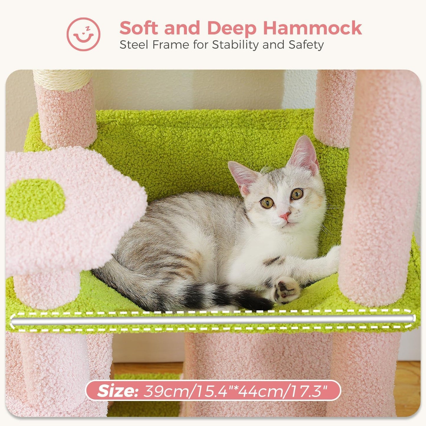 PAWZ Road Cat Tree, 53.5 Inches Tall Cat Tower with Spacious Hammocks, Condos and Scratching Posts, Cat House with Dual Padded Perches for Indoor Large Cats-Pink