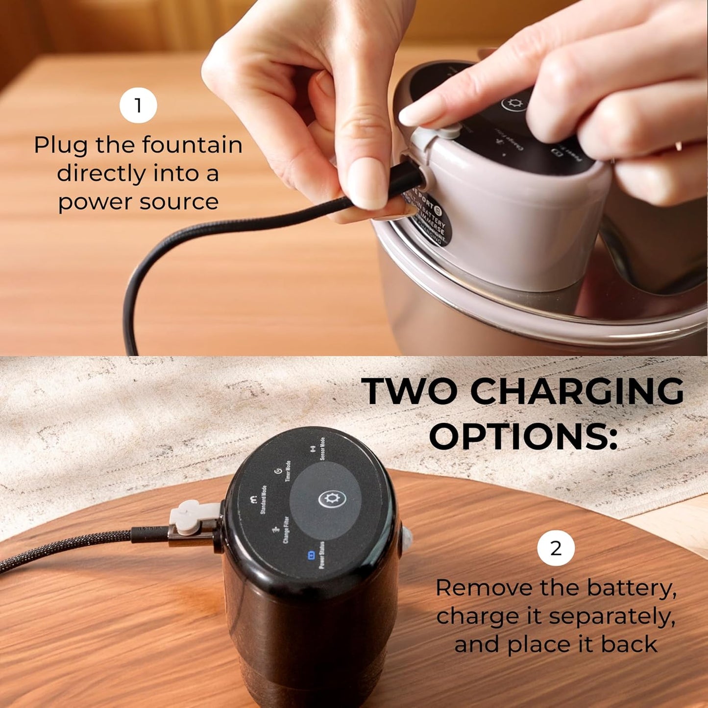 Wireless Cat Water Fountain Stainless Steel, 5200mAh Battery, Ultra Quiet, Automatic Pet Water Dispenser, 108oz/3.2L, Two Flow Modes, BPA-Free, Multi-Filtration, Includes 2 Filters - Black