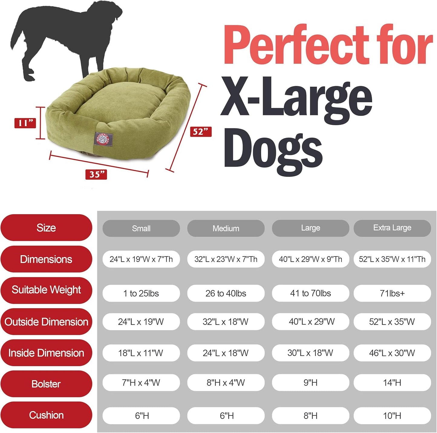 Majestic Pet 52 Inch Micro Velvet Calming Dog Bed Washable 52x35x11 (inch) – Cozy Soft Round Donut Dog Bed with Spine for Head Support -Pet Bed X- Large – Apple (2025)