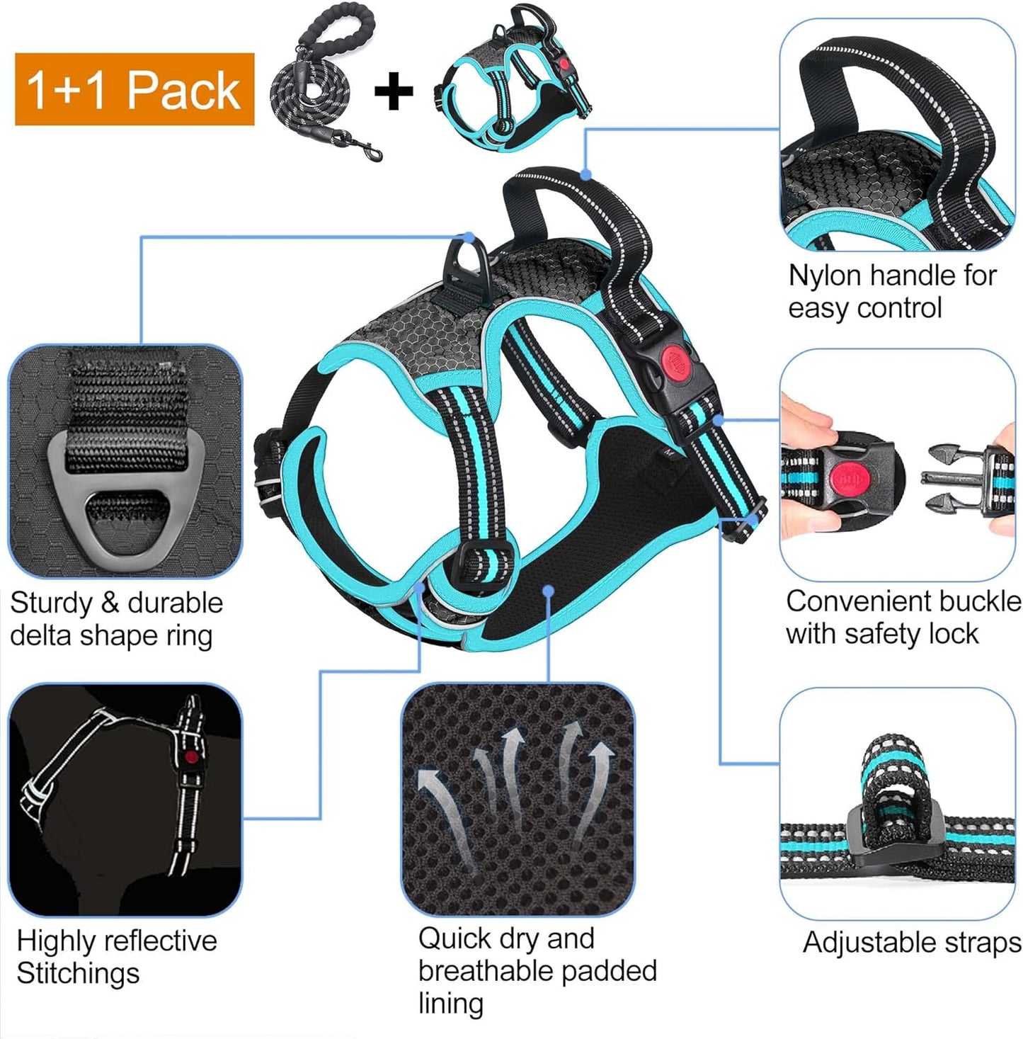 No Pull Dog Harness Adjustable Reflective Oxford Easy Control Medium Large Harness with A Free Heavy Duty 5ft Dog Leash