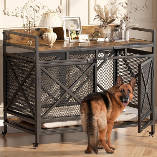 COZPAW Large Dog Crate Furniture, 48 Inch Wooden Dog Kennel for XLarge Dogs, Heavy Duty Dogs Furniture Indoor Wire Dog Cage with Caster Wheels, Decorative Pet House End Table, Brown