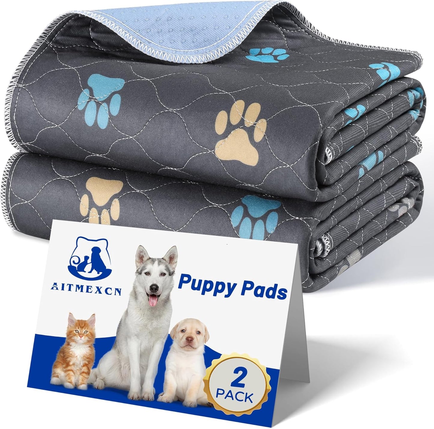 Aitmexcn Washable Puppy Dog Pee Pad, 2PCS 100% Waterproof Whelping Training Mat for Puppy/Senior Dog, Fast Drying Reusable Puppy Pads for Indoor, Outdoor and Car Travel- 24'' x 36''