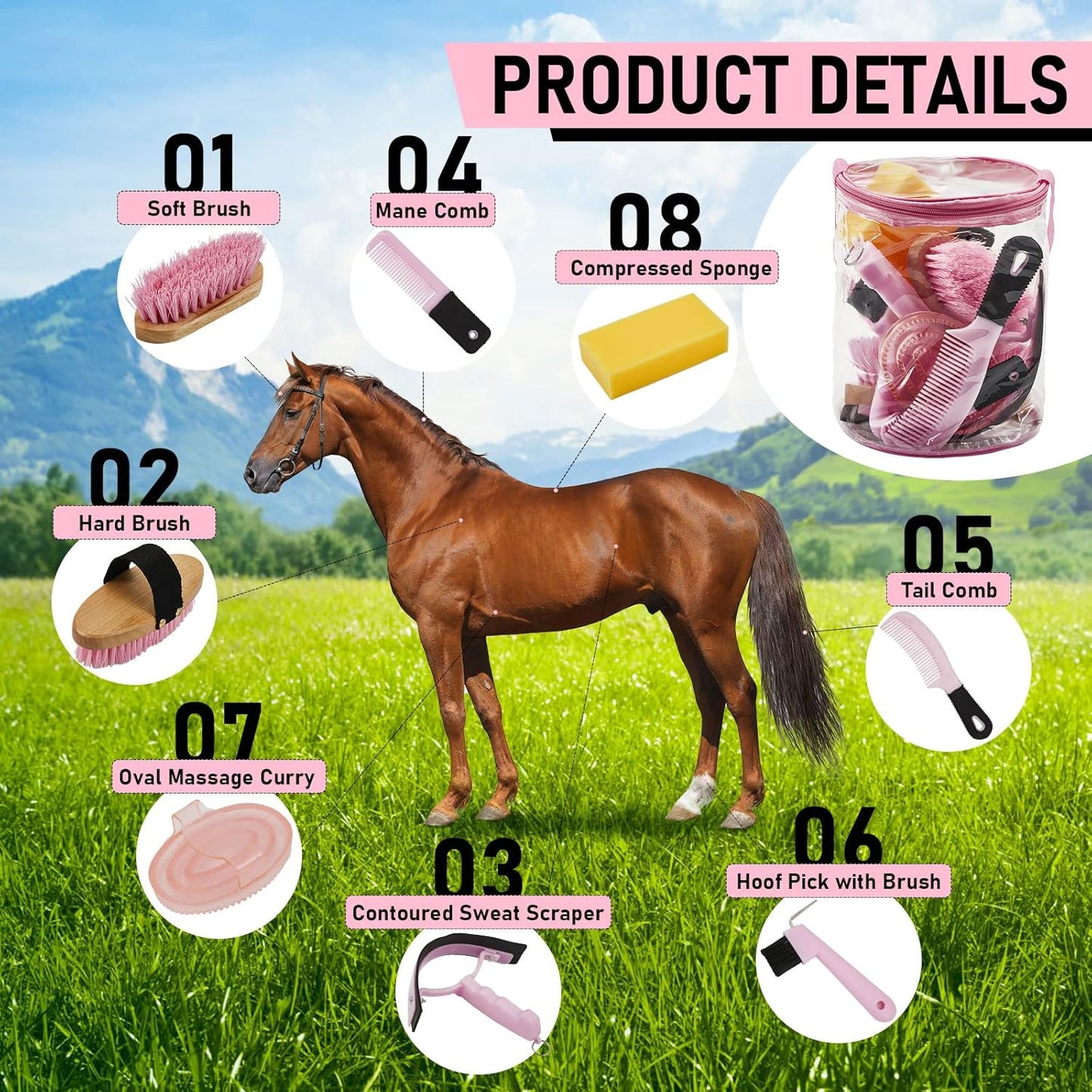 9 Pieces Horse Grooming Kit Tack Room Supplies Set with Organizer Tote Bag, Oval Massage Curry, Hard and Soft Brush, Hoof Pick, Sweat Scraper, Bathing Sponge, Combs for Horse Riders Beginners (Pink)