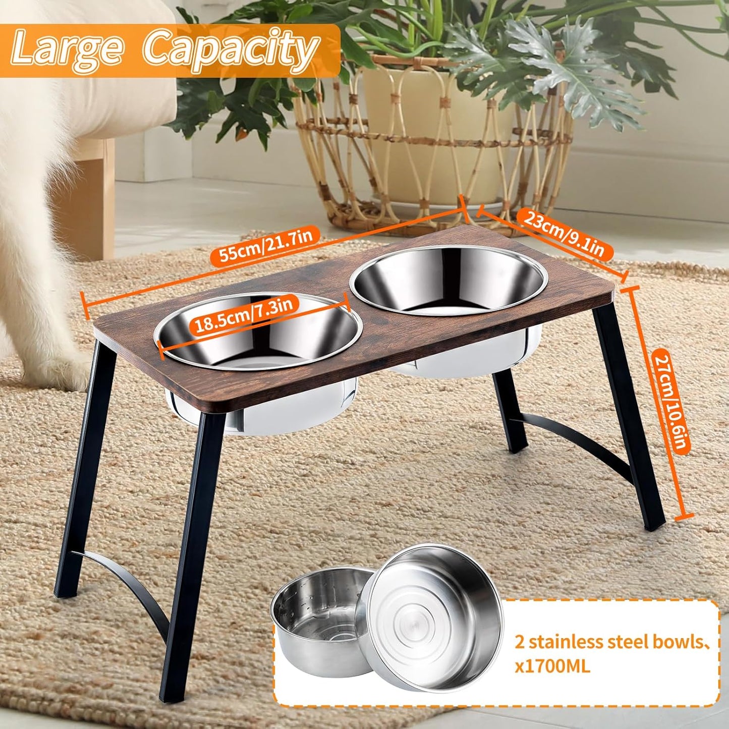 Elevated Dog Bowls for Medium and Large Dogs Wood Raised Bowl Stand with Two 1700ML (58oz) Stainless Steel Dog Food and Water Bowls,Non-Slip