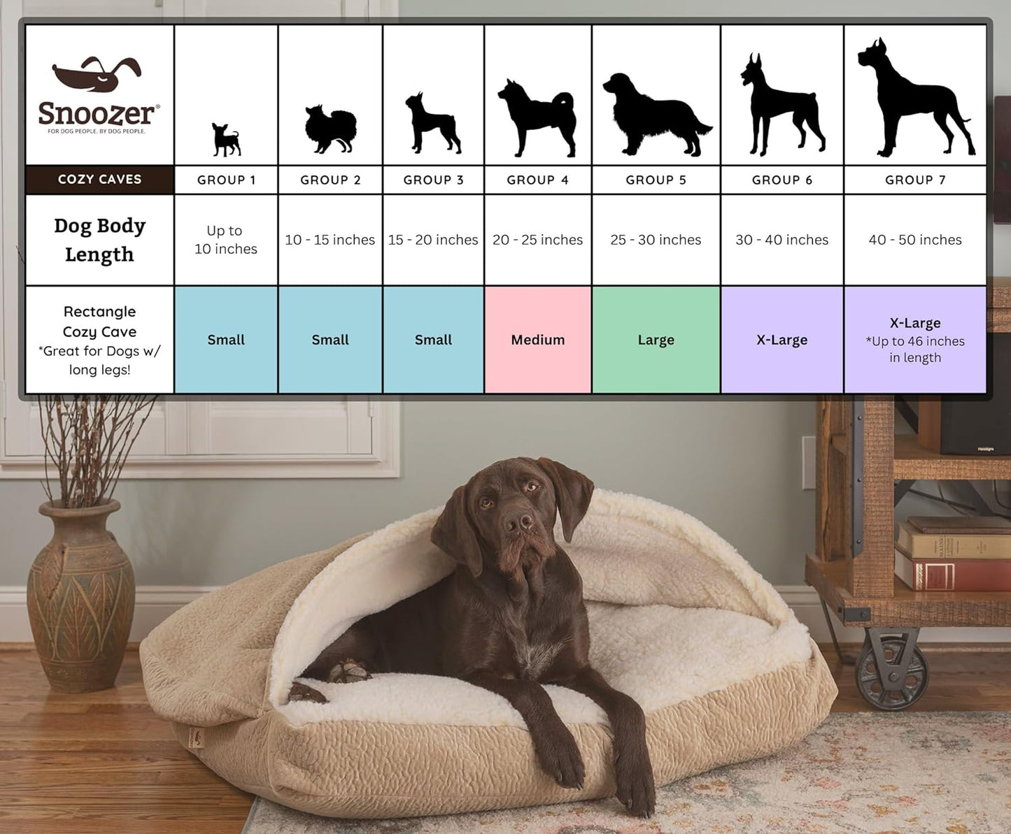 Snoozer Luxury Rectangle Cozy Cave Dog Bed - Indoor Dog Bed with Cover Cave, Covered Calming Burrow for Large Sized Pets with Blanket Attached, Enclosed, Washable - XL, Buckskin