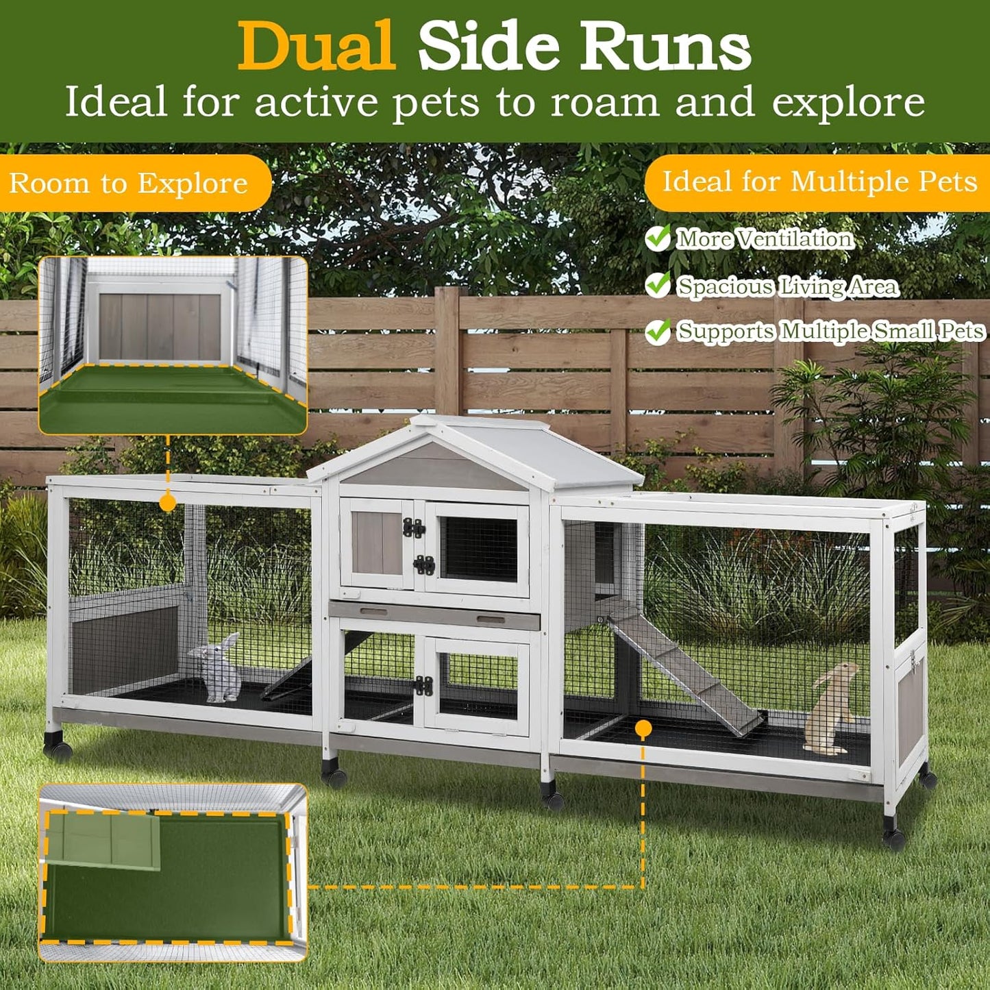 Double Rabbit Hutch Outdoor Indoor Large Bunny Cage with Dual Side Runs, 2-Story Wooden Hutch with 4 Leak Proof Trays, 8 Wheels, Waterproof Roof, Ramp, for Small to Medium Animals