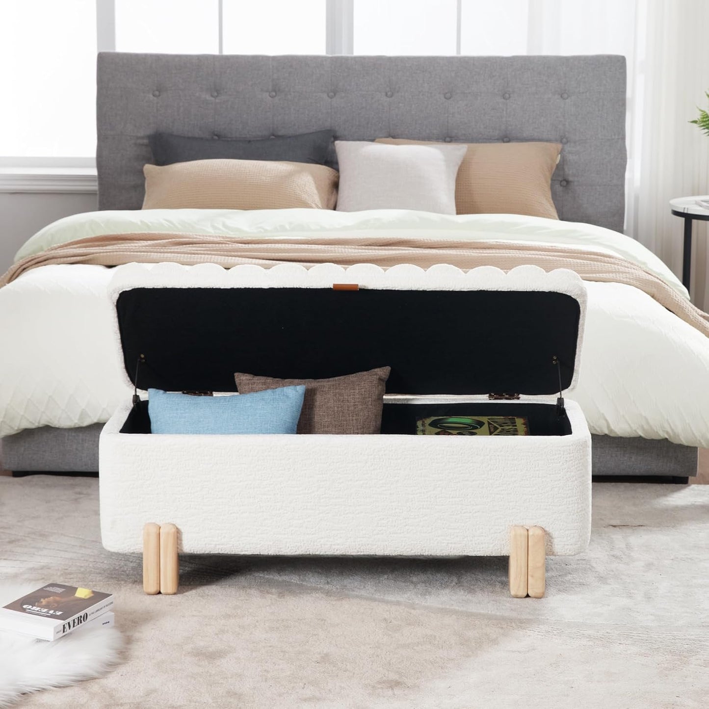 Wavy Ottoman Storage Bench Multi-Functional Narrow Entryway Bench Elegant End of Bed Bench with Storage and Safty Hinge for Living Room Entryway Hallway Bedroom Boutique, White