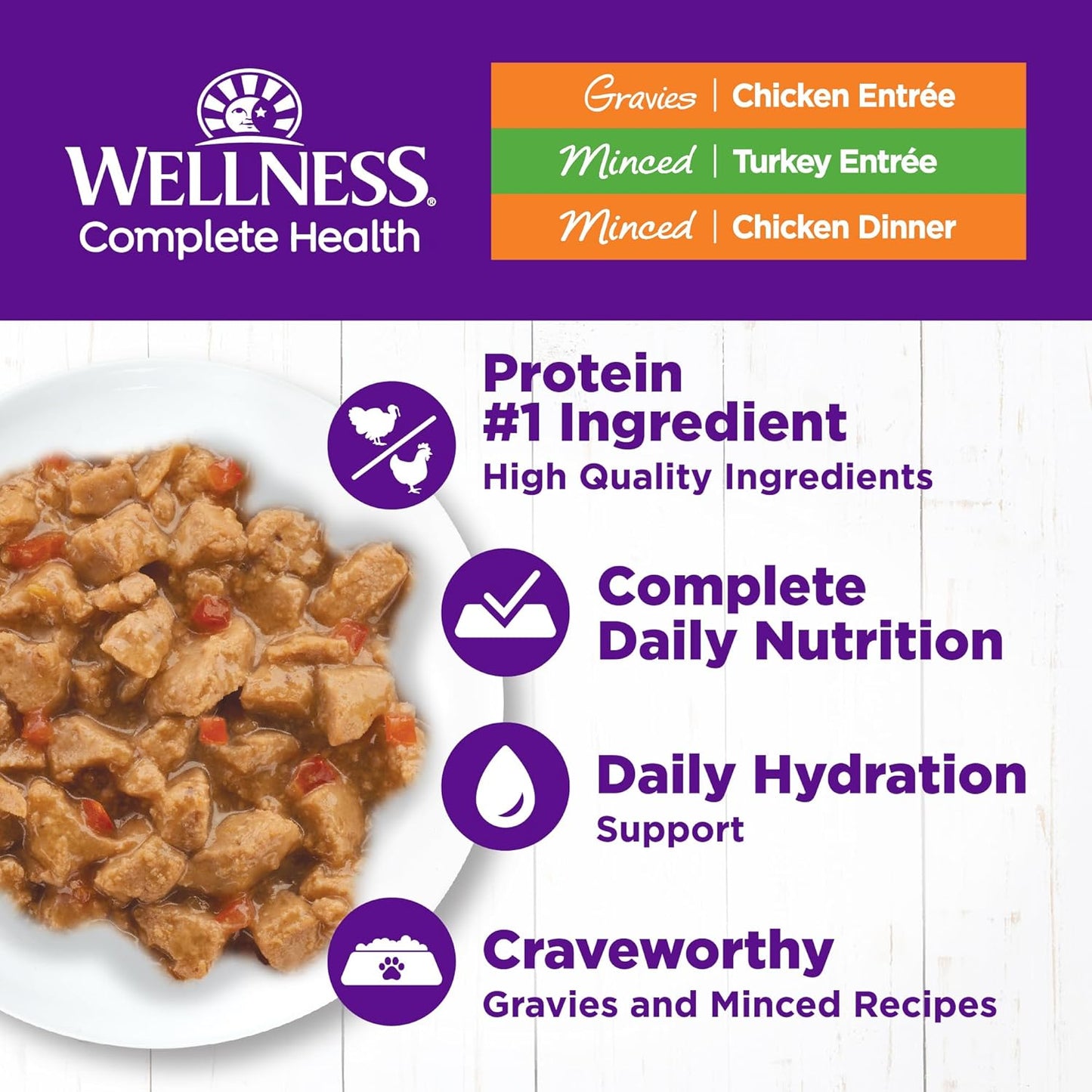 Wellness Complete Health Gravy & Minced Adult Wet Cat Food, Natural, Protein-Rich, Grain-Free, 3 Ounce, 24 Pack, (Chicken & Turkey Lovers Variety Pack)