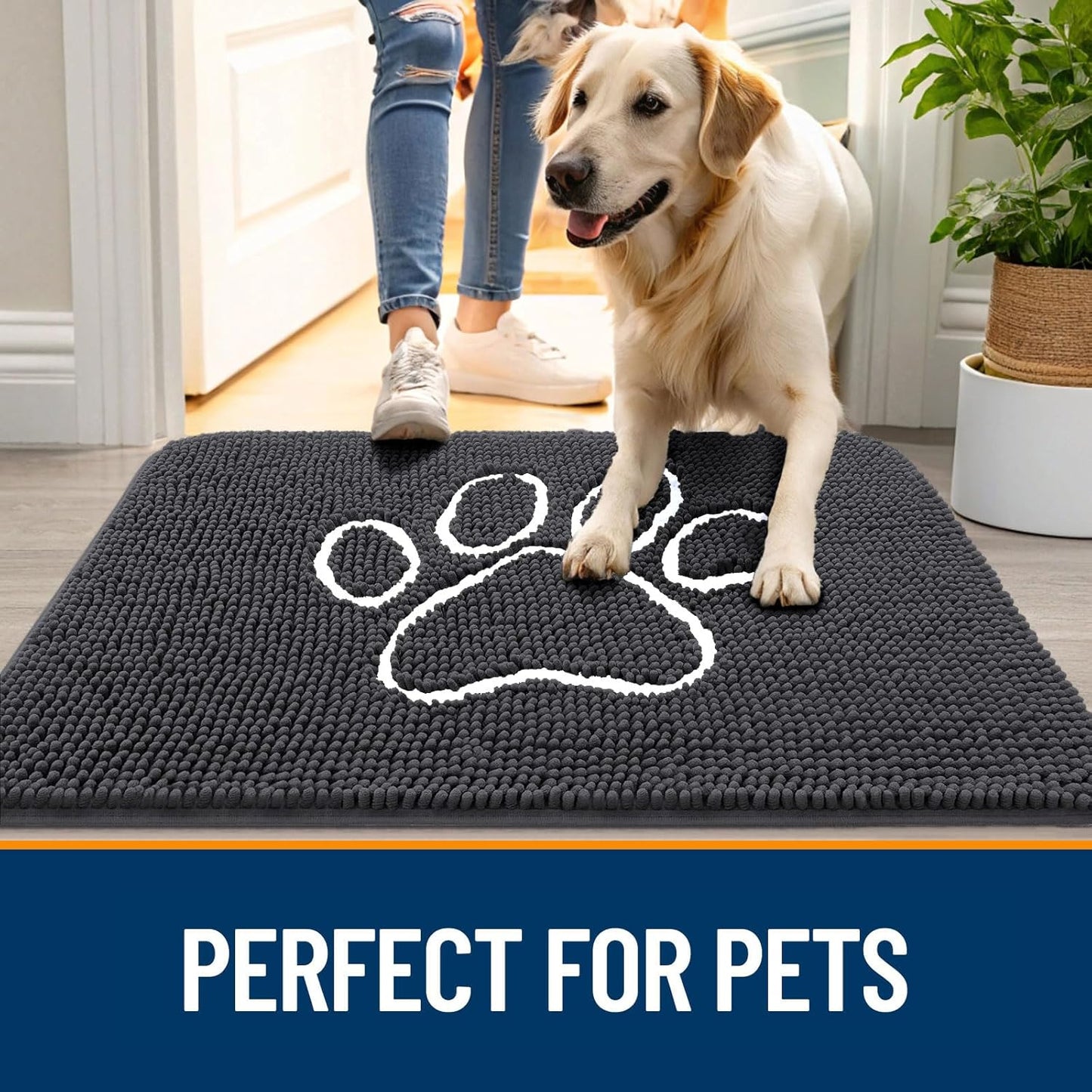OLANLY Door Mat for Muddy Dog Paws 47x32, Ultra Absorbent Chenille Mud Doormat with Paw Print Design, Non-Slip Washable Doormat for Indoor Entryway, Quick-Dry Pet Bed Mats for Dirty Dogs, Dark Grey